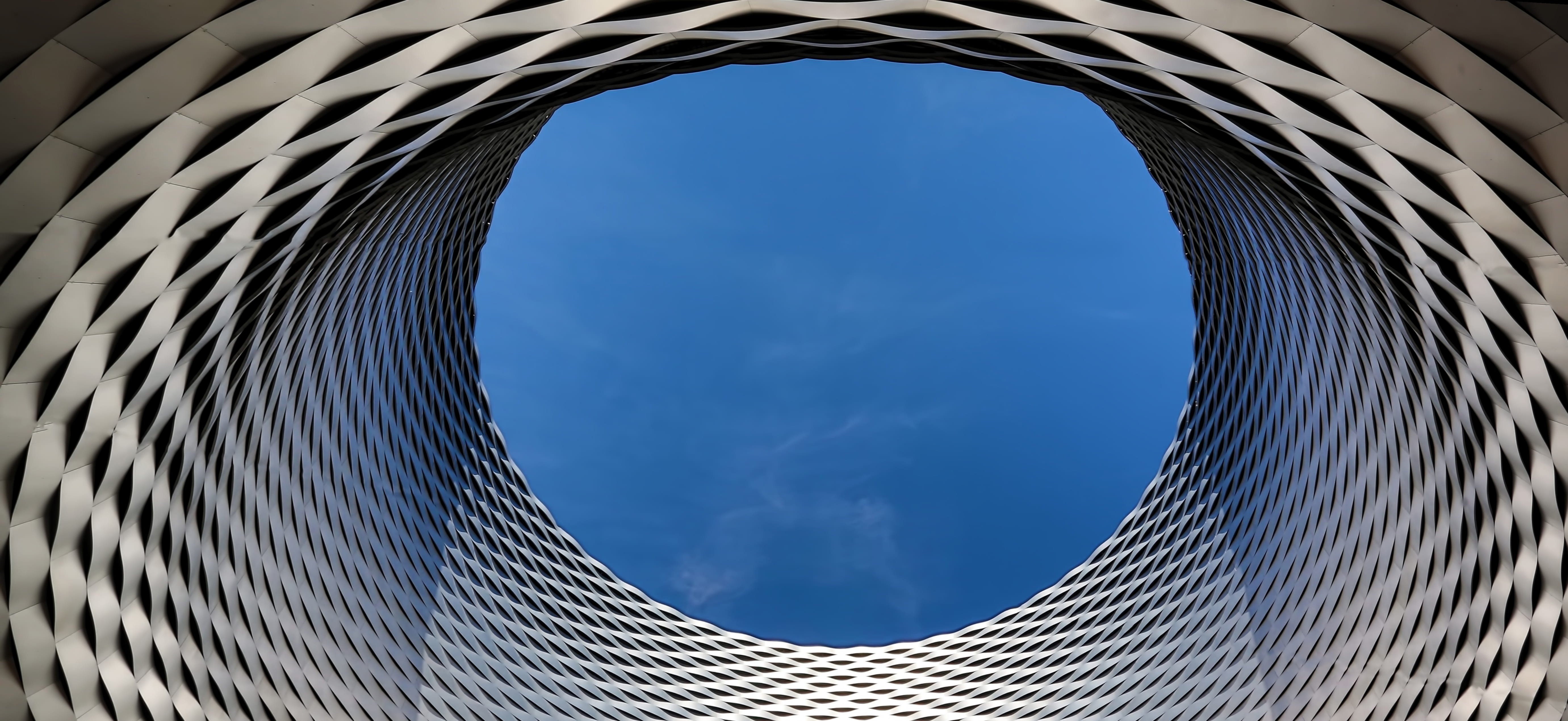 cloud - sky, architecture, pattern, round, reflection, wire, blue, achitecture, sky, view, city, low angle view, shape, geometric shape, wire mesh, black, HD Wallpaper