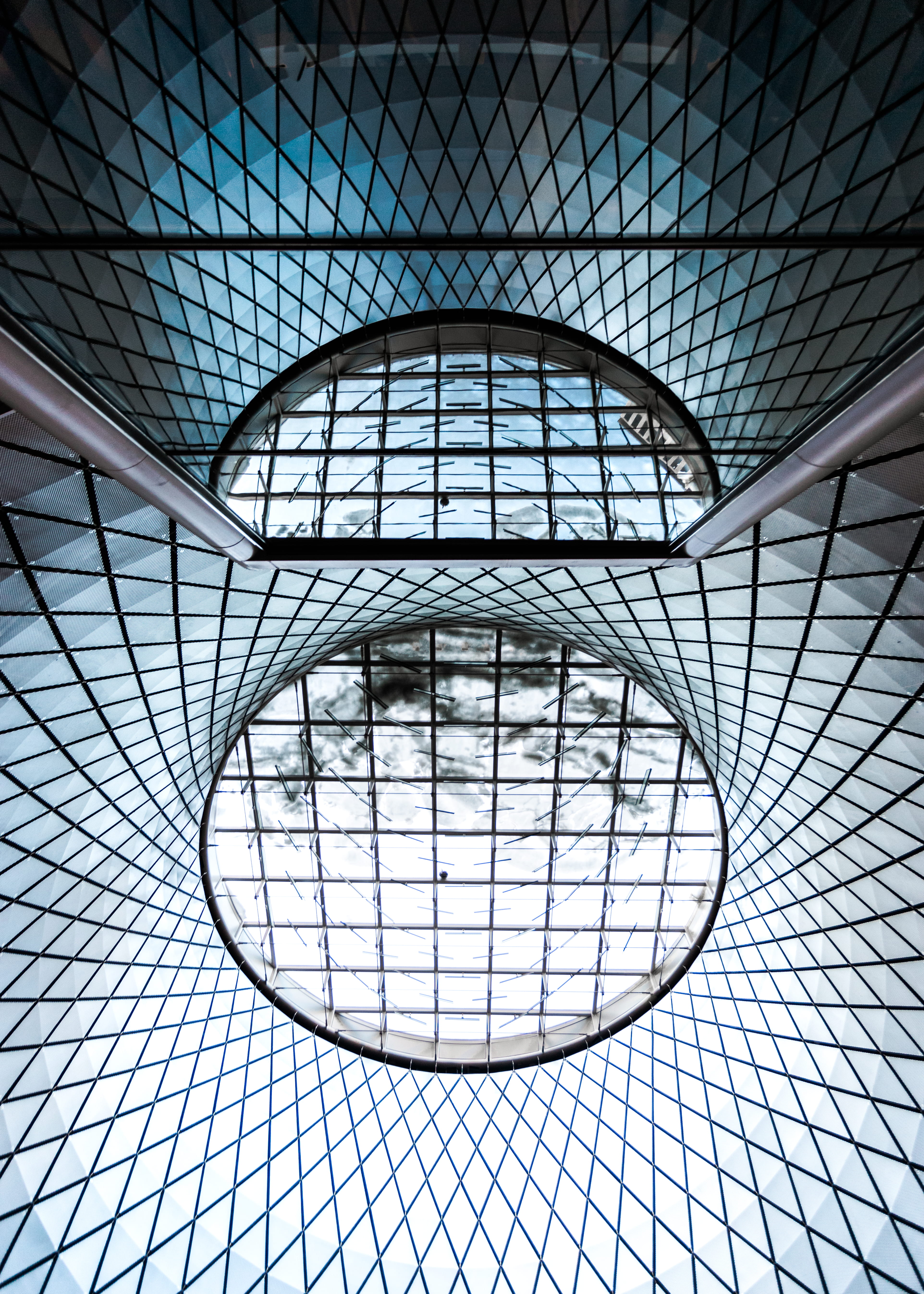geometric Shape, achitecture, design, modern, blue, nyc, construction Industry, geometry, circle, metal, lookup, urbex, window, arching, new york, glass - Material, Phone HD Wallpaper