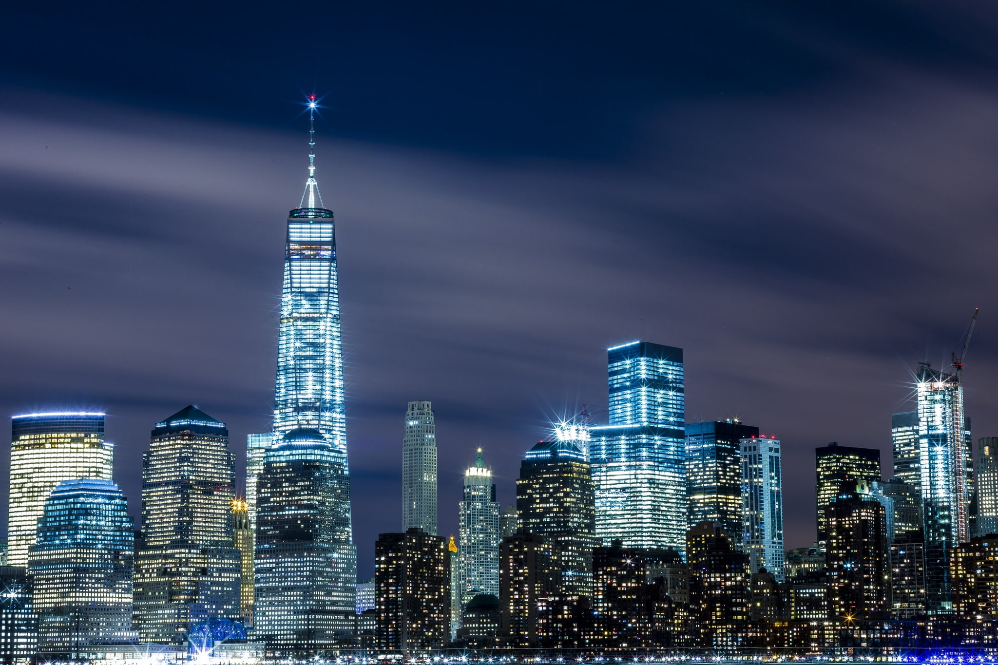 night, financial district, skyscrapers, outdoors, urban skyline, modern, world trade center, new york, built structure, usa, travel destinations, sky, tall - high, HD Wallpaper