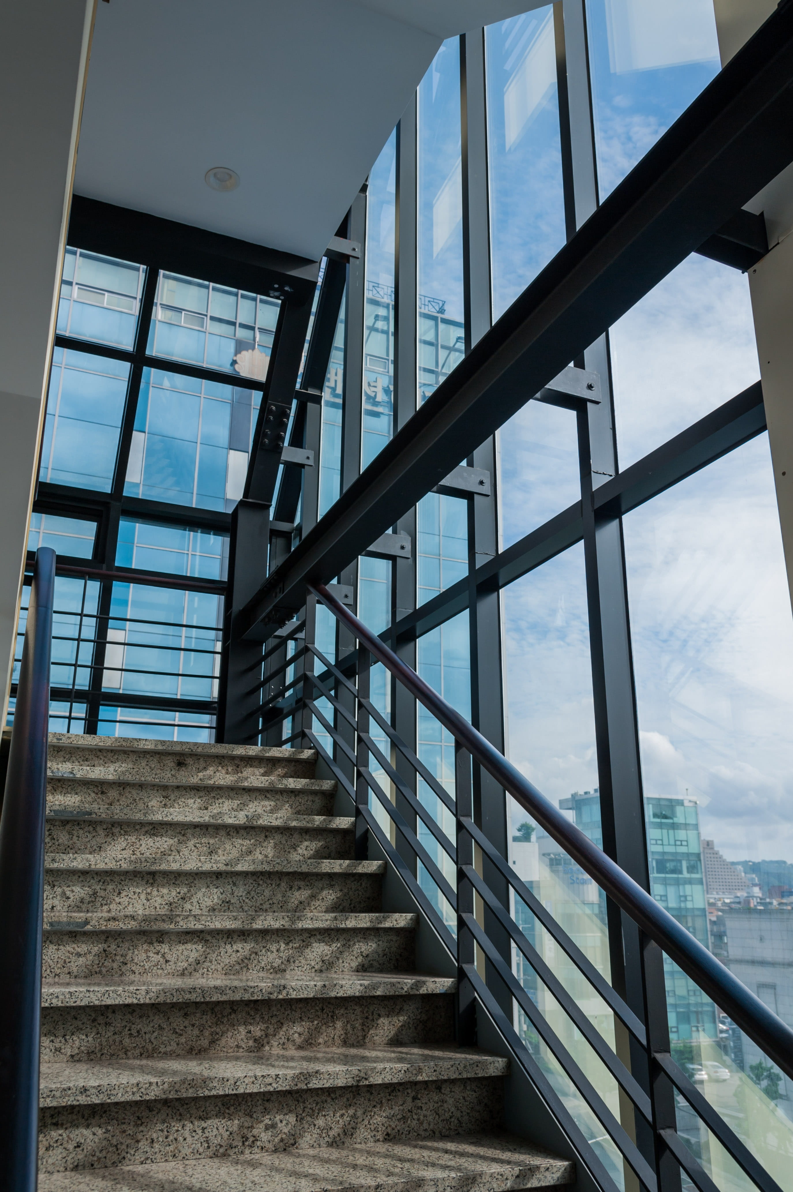day, light, no people, building, cloud, nature, handrail, steps and staircases, staircase, metal, construction, Stairs, modern, glass - material, built structure, Phone HD Wallpaper