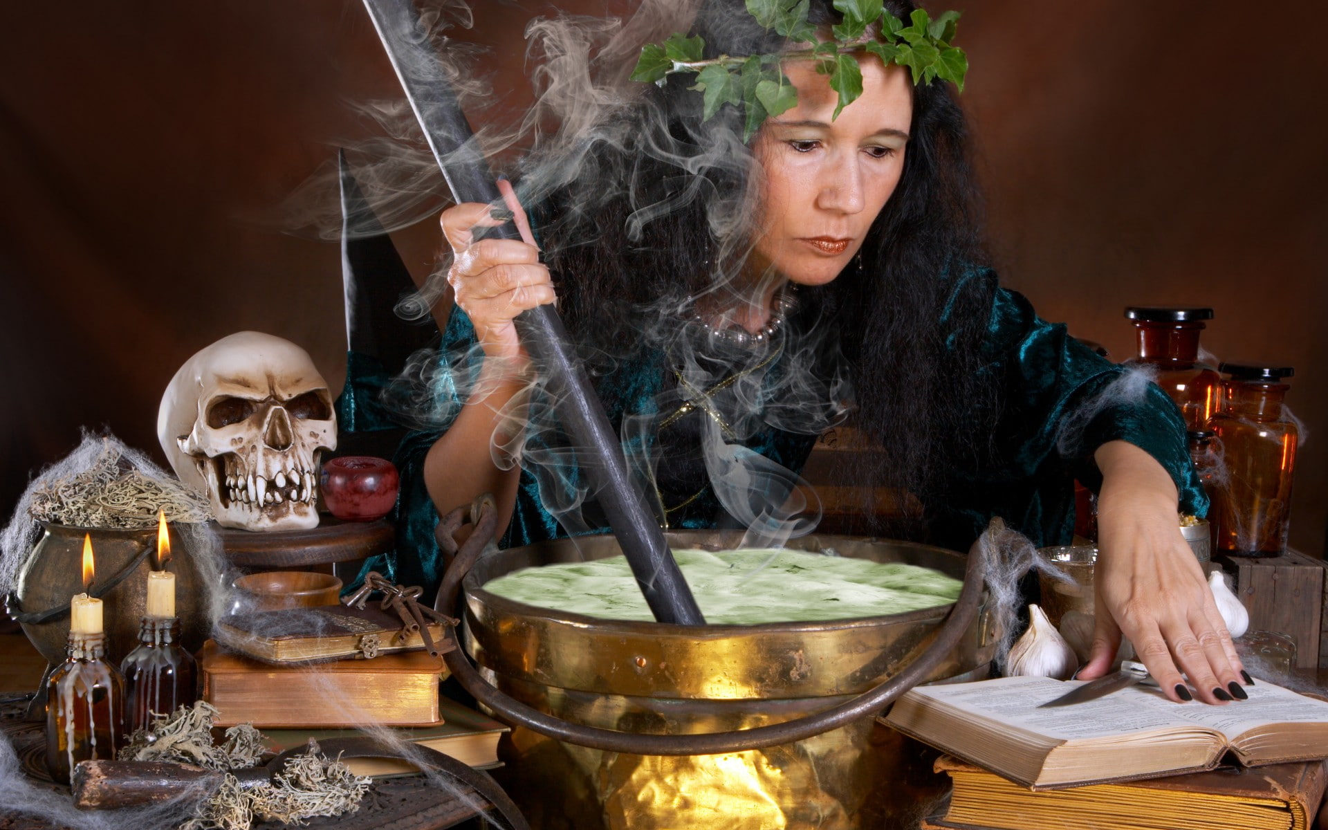 occult, 1080P, skull, halloween, candles, fire, smoke, dark, steam, witch, flame, spell, cauldron, HD Wallpaper
