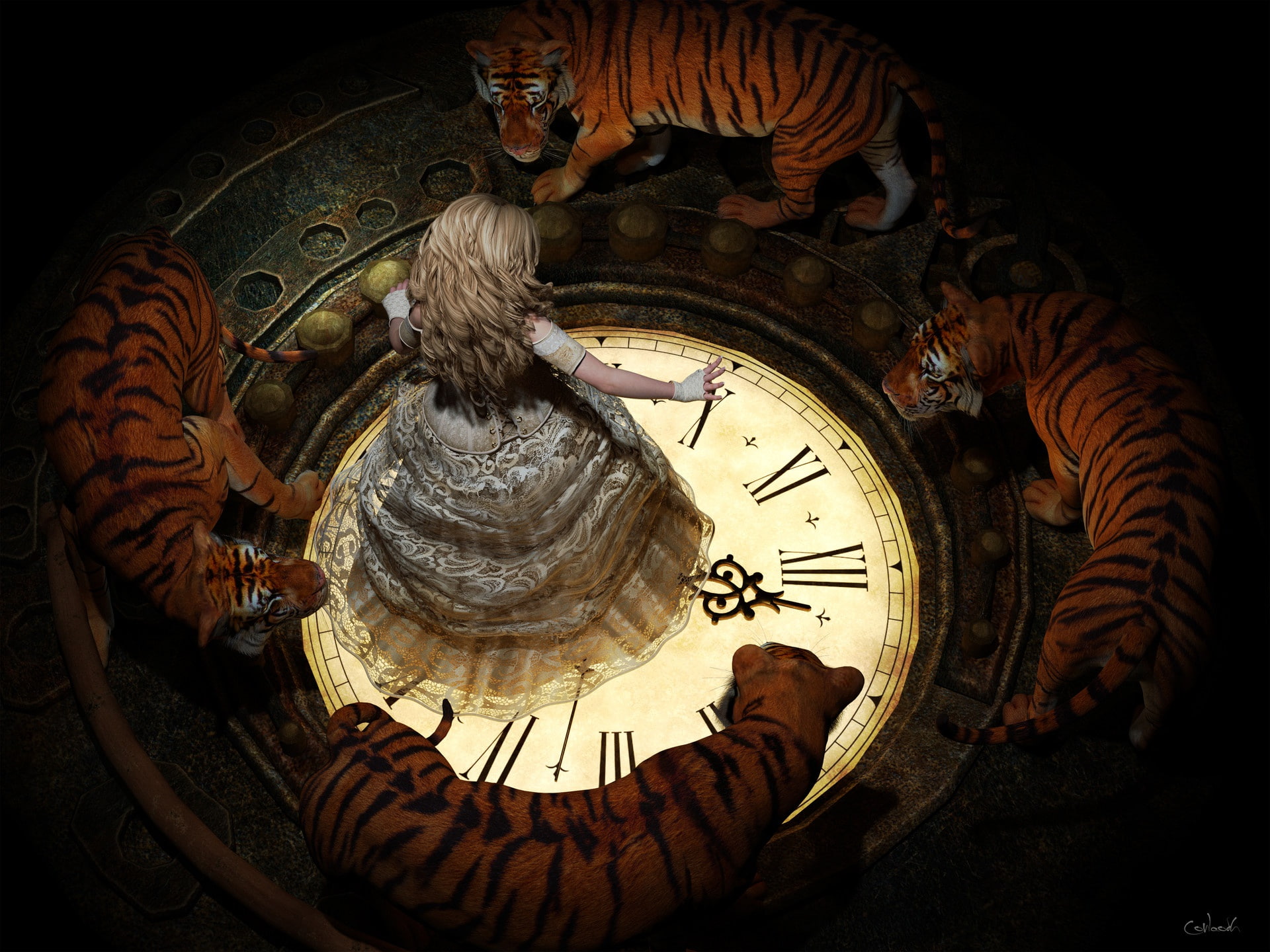 the witch, spell, tigers, art, blonde, lace, in a circle, Lee McCall, dial, white flame, in the dark, 1080P, HD Wallpaper