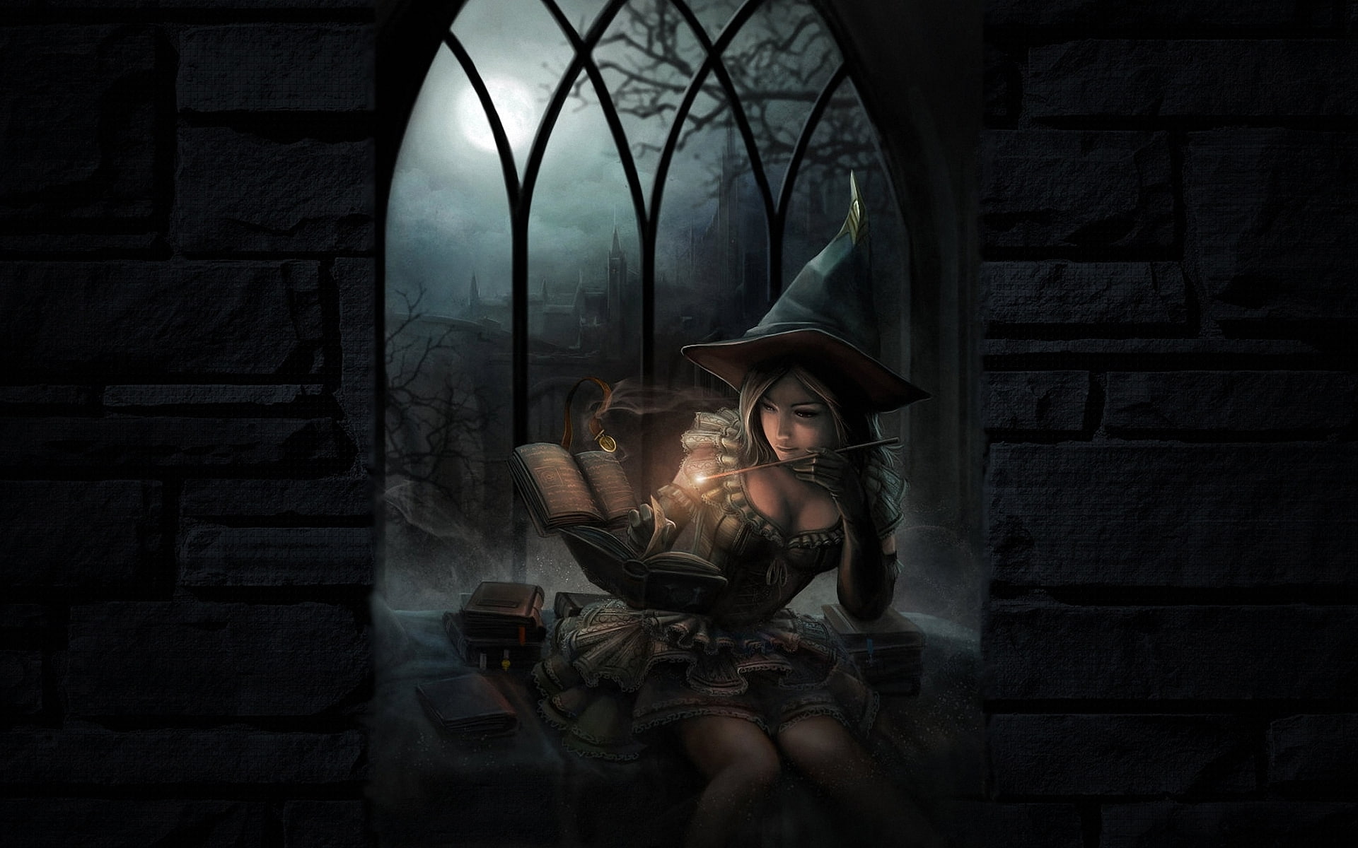 Magic, Dark, art, girl, fantasy, babes, witch, books, spell, 1080P, women, halloween, HD Wallpaper