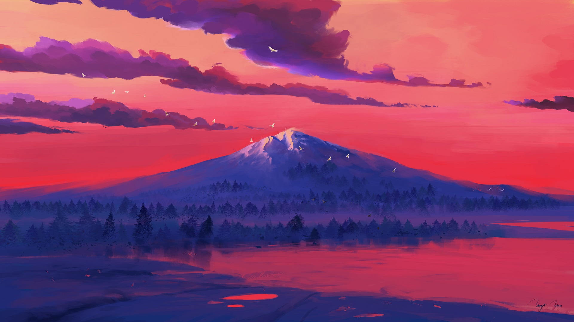 mountains, painting, lake, 1080P, BisBiswas, digital art, snow, sunset, birds, forest, HD Wallpaper