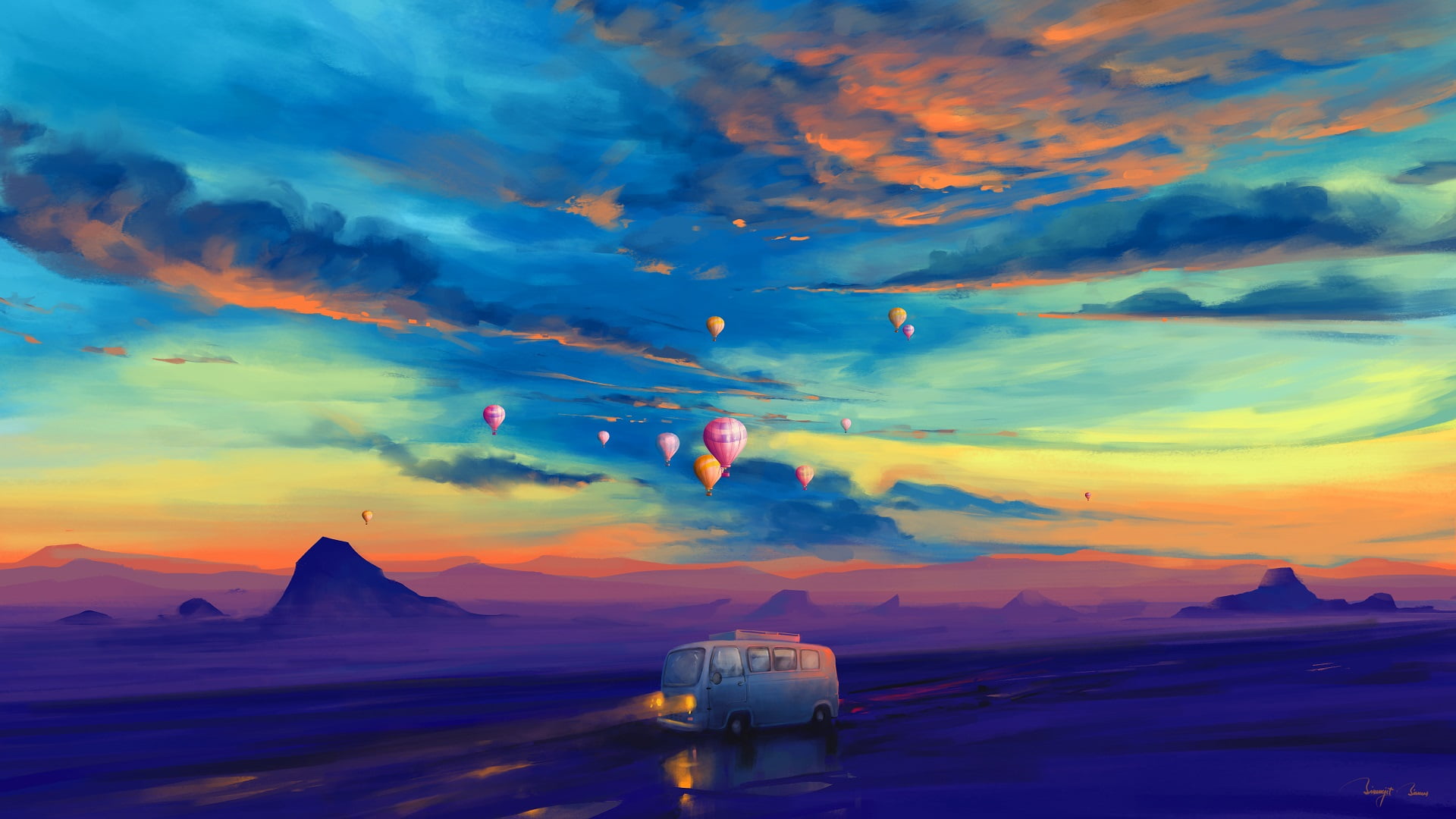 hot air balloons, night, BisBiswas, mountains, transport, illustration, clouds, painting, balloon, 1080P, evening, HD Wallpaper