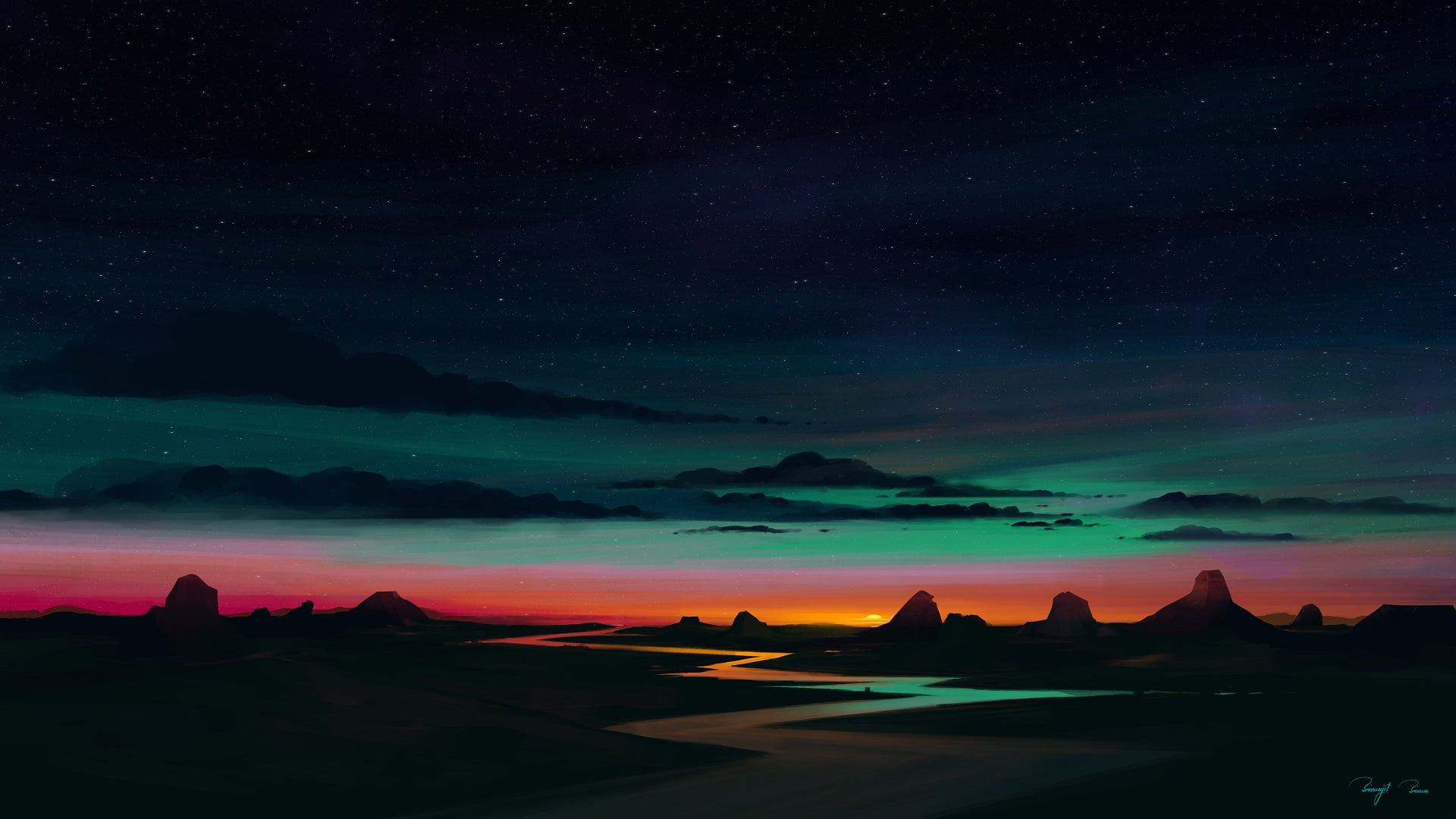 stars, Lake Agnes, BisBiswas, 1080P, digital art, digital, HD Wallpaper