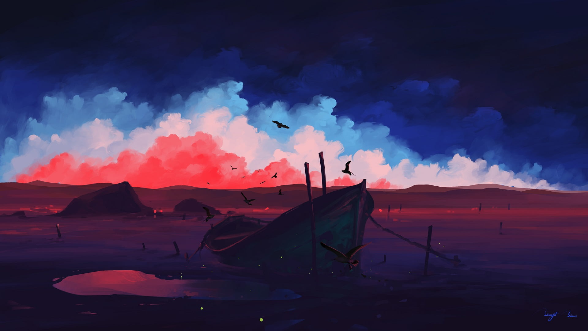 artwork, boat, puddle, birds, sunrise, 1080P, BisBiswas, HD Wallpaper