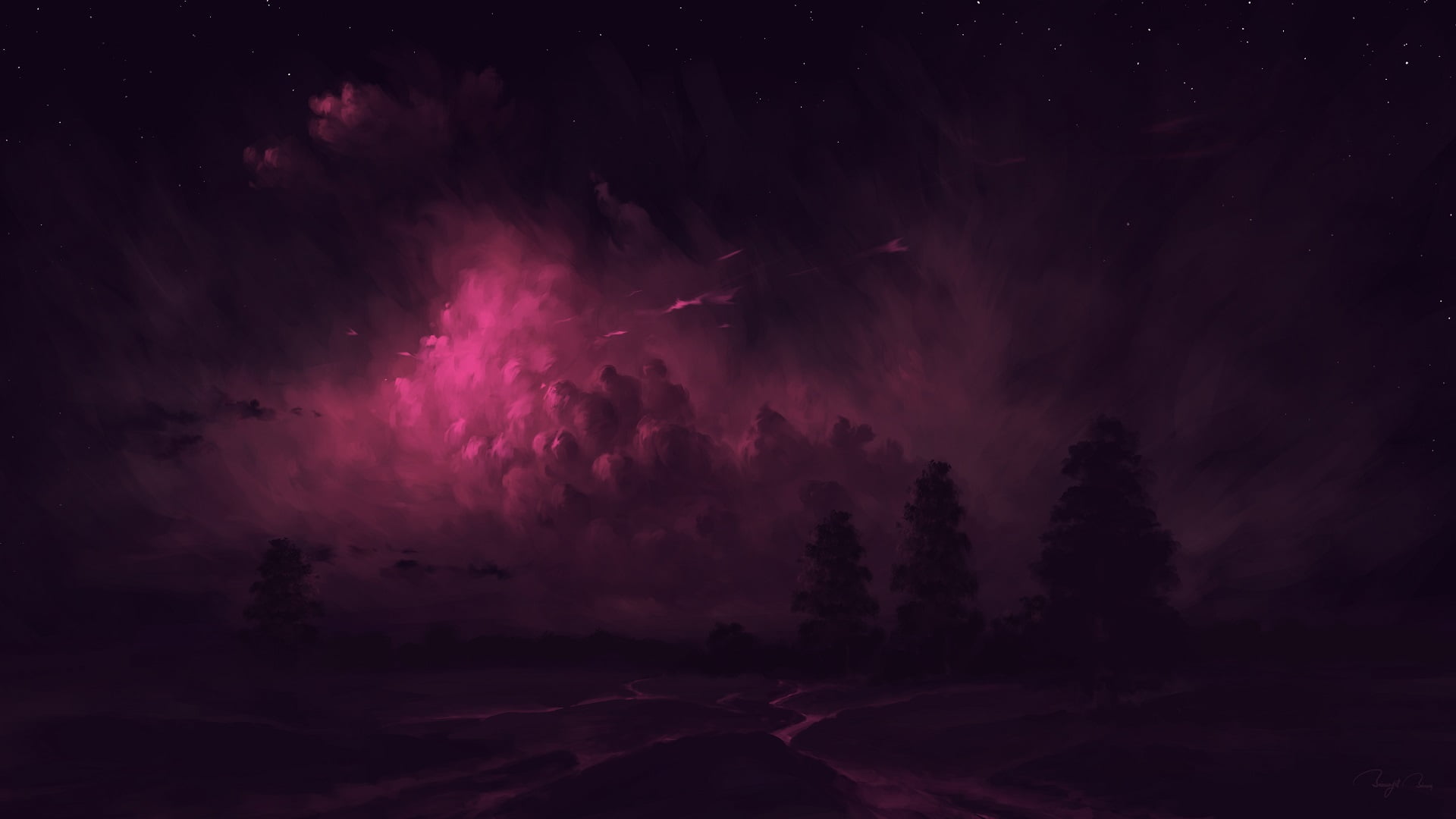 night, clouds, digital art, 1080P, BisBiswas, landscape, HD Wallpaper