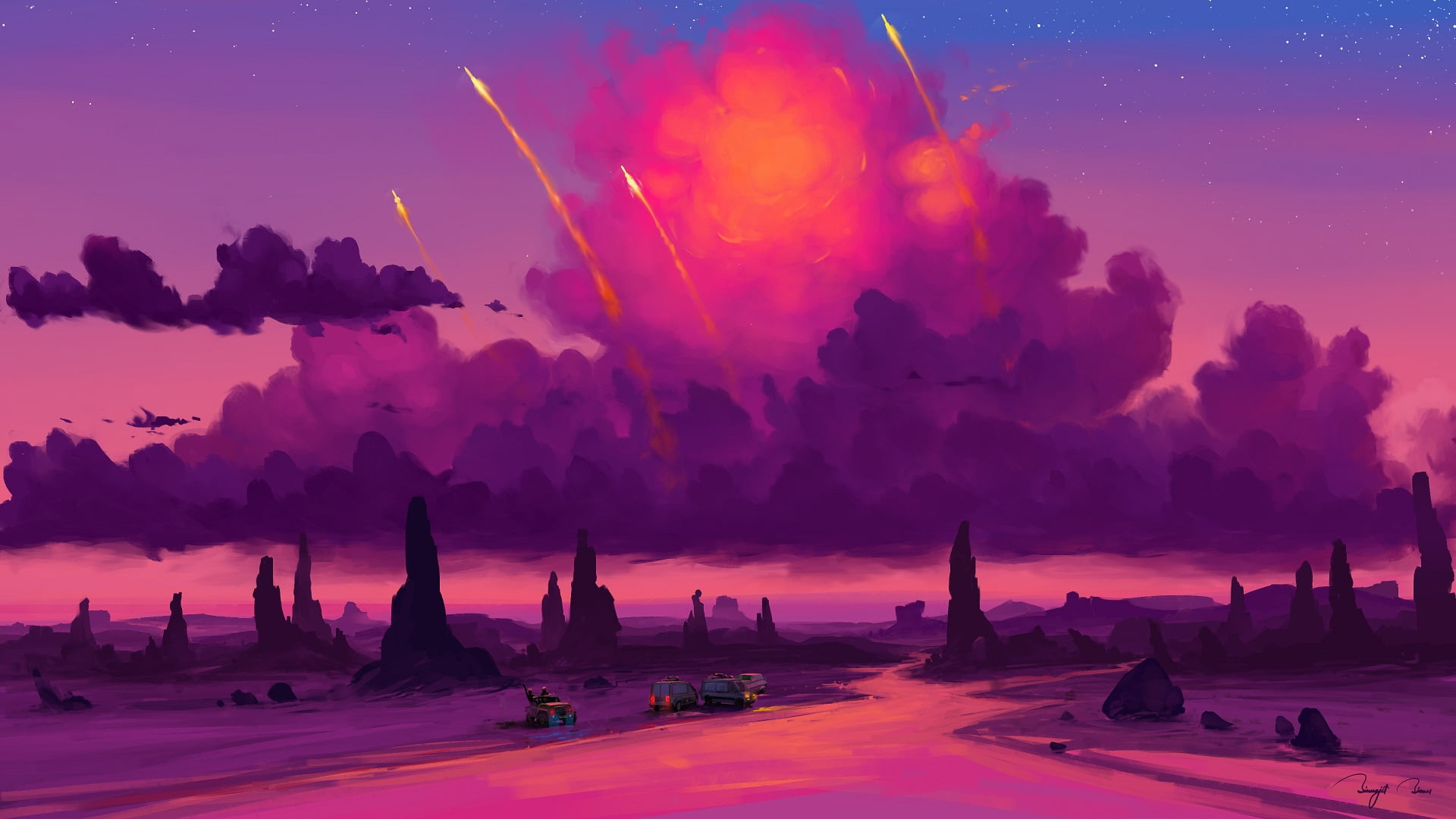clouds, 1080P, river, car, rocket, BisBiswas, sunset, rocks, digital art, HD Wallpaper