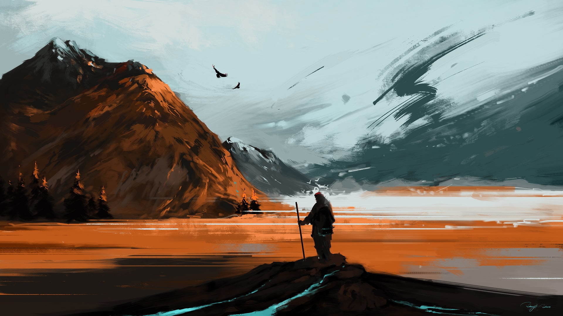 1080P, artwork, hiking, mountains, birds, snow, BisBiswas, HD Wallpaper