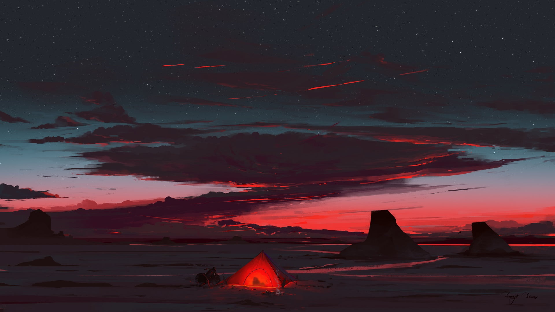 desert, BisBiswas, digital art, camping, 1080P, camp, sunset, clouds, HD Wallpaper