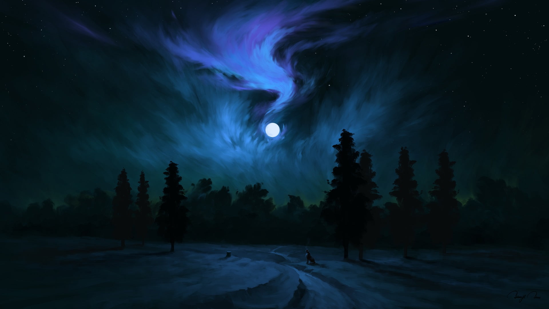 wolf, 1080P, BisBiswas, digital painting, night, Moon, landscape, HD Wallpaper
