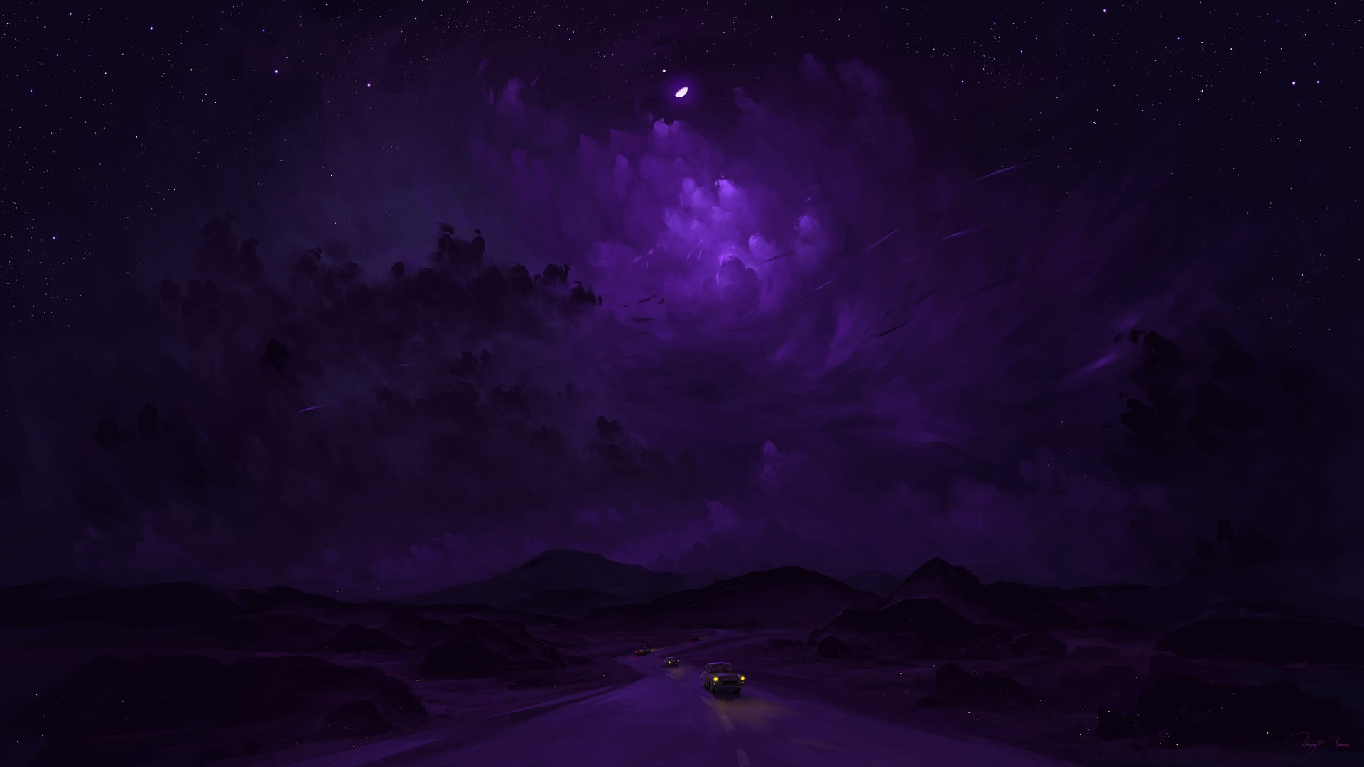 road, digital art, clouds, moonlight, BisBiswas, 1080P, Moon, painting, car, dusk, stars, HD Wallpaper
