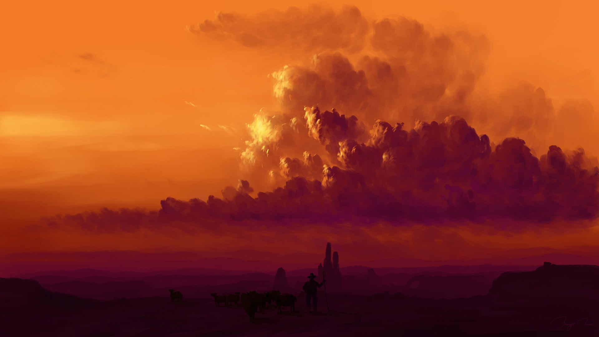 BisBiswas, night sky, orange clouds, digital painting, 1080P, HD Wallpaper