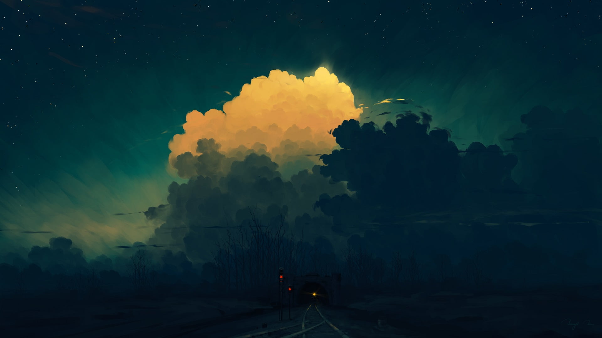 midnight, BisBiswas, clouds, train, 1080P, digital painting, sky, tunnel, HD Wallpaper