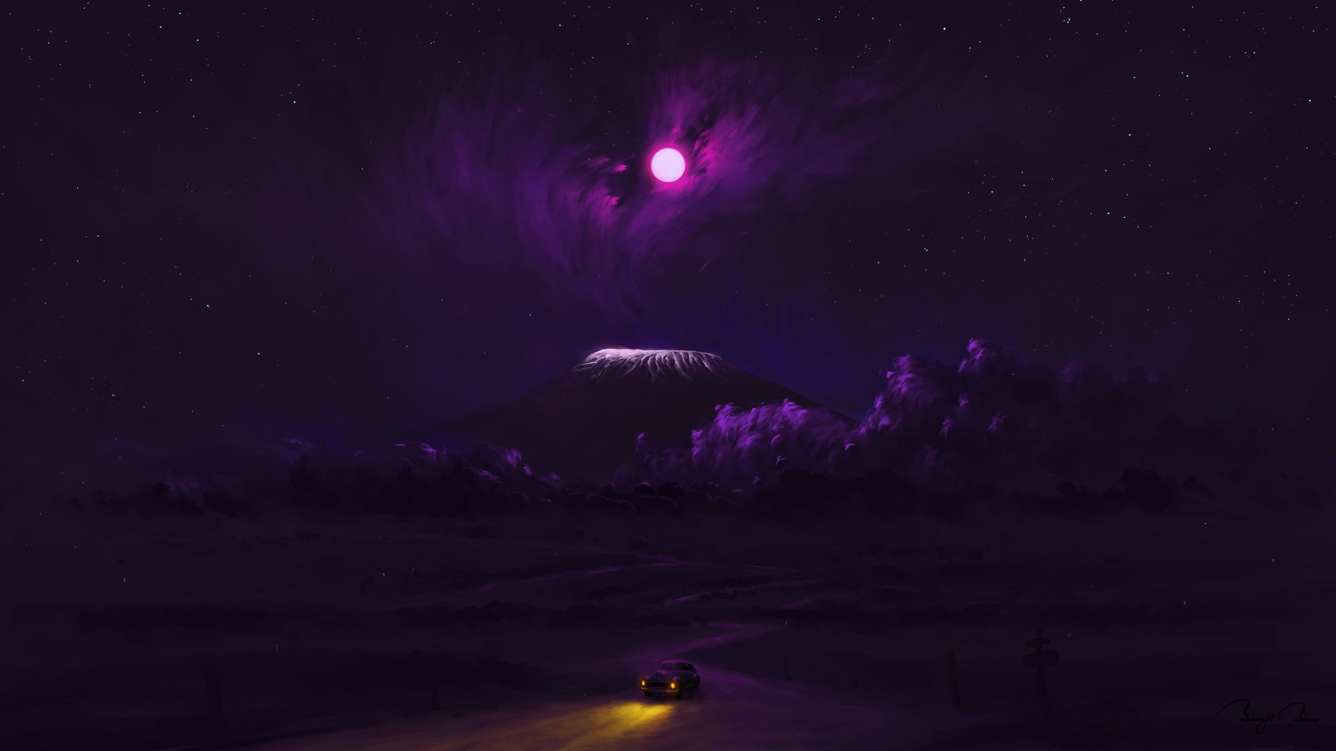 Moon, 1080P, clouds, sky, BisBiswas, night, digital art, car, HD Wallpaper