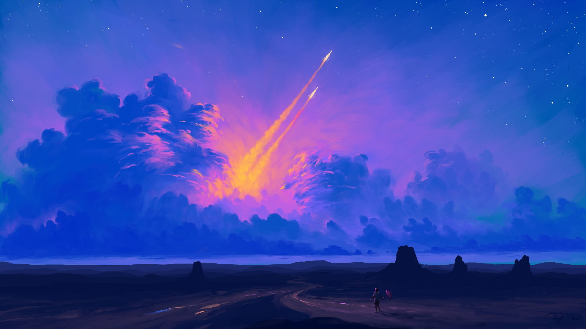 clouds, BisBiswas, landscape, sky, rocket, 1080P, digital painting, HD Wallpaper