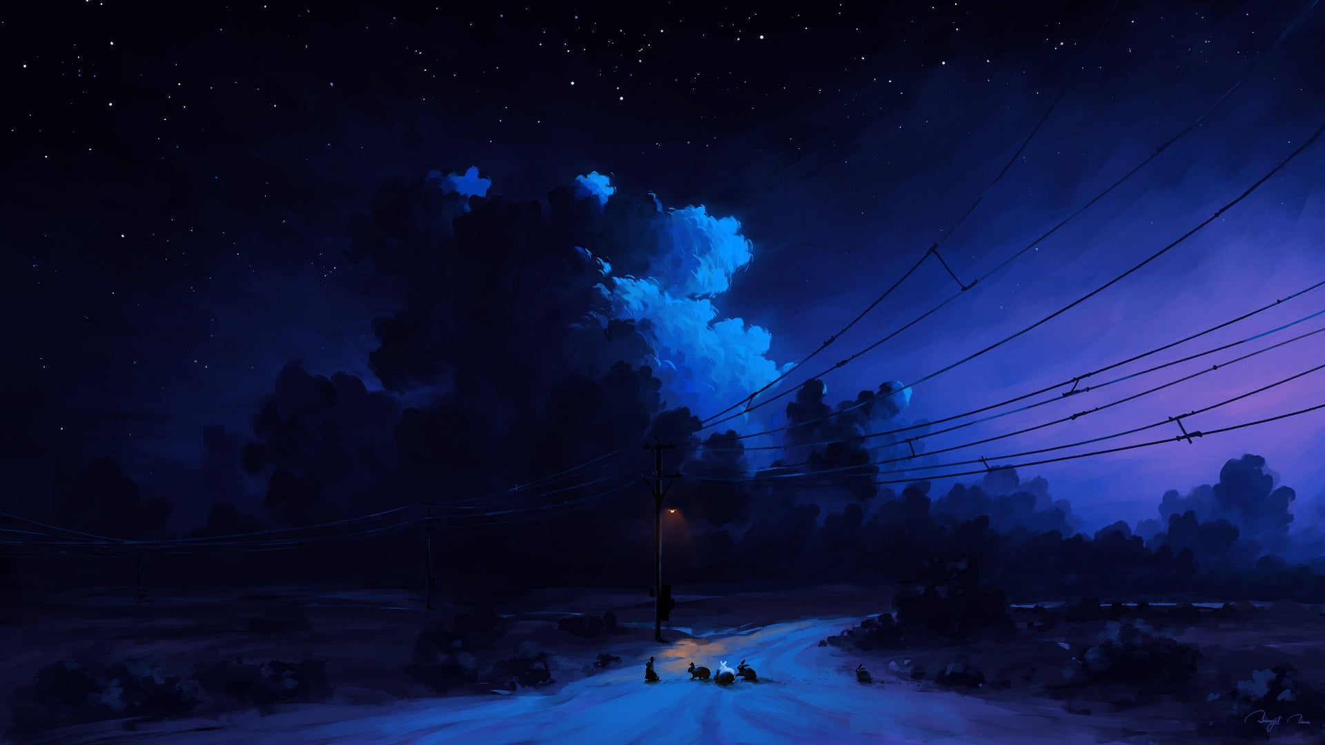 1080P, animals, BisBiswas, digital painting, night, power lines, landscape, sky, clouds, HD Wallpaper