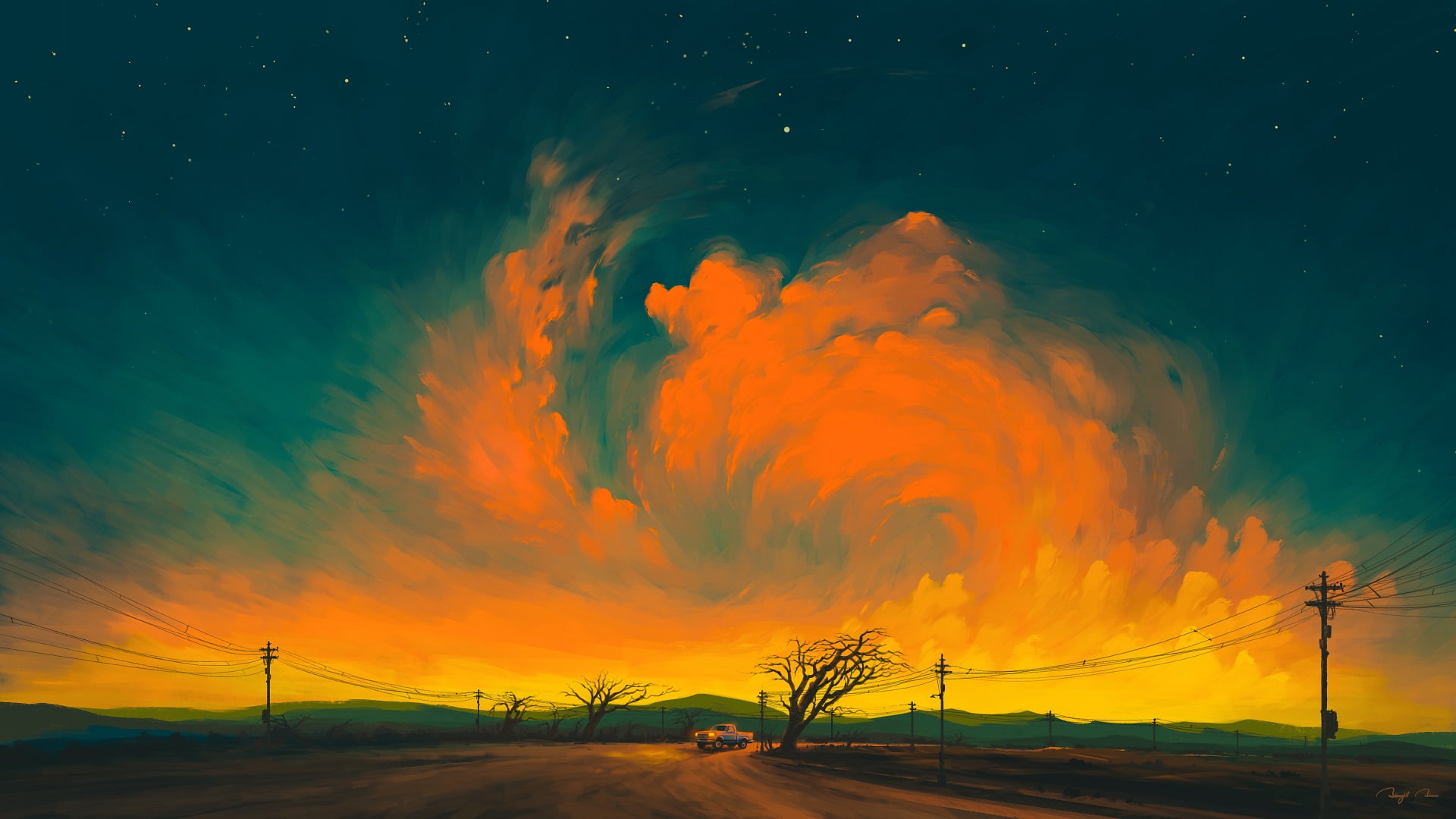clouds, car, sky, BisBiswas, 1080P, sunset, digital painting, electric line, HD Wallpaper