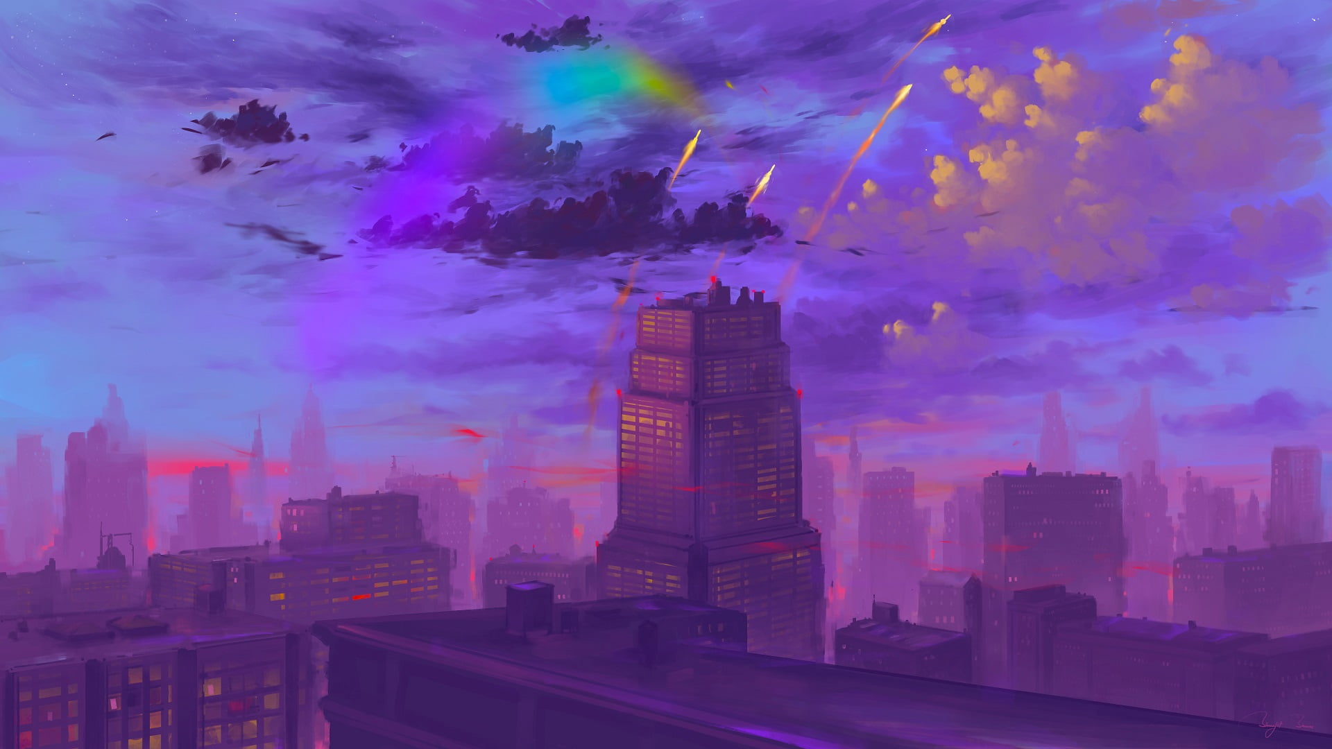 clouds, BisBiswas, rocket, cityscape, digital art, 1080P, rainbows, HD Wallpaper