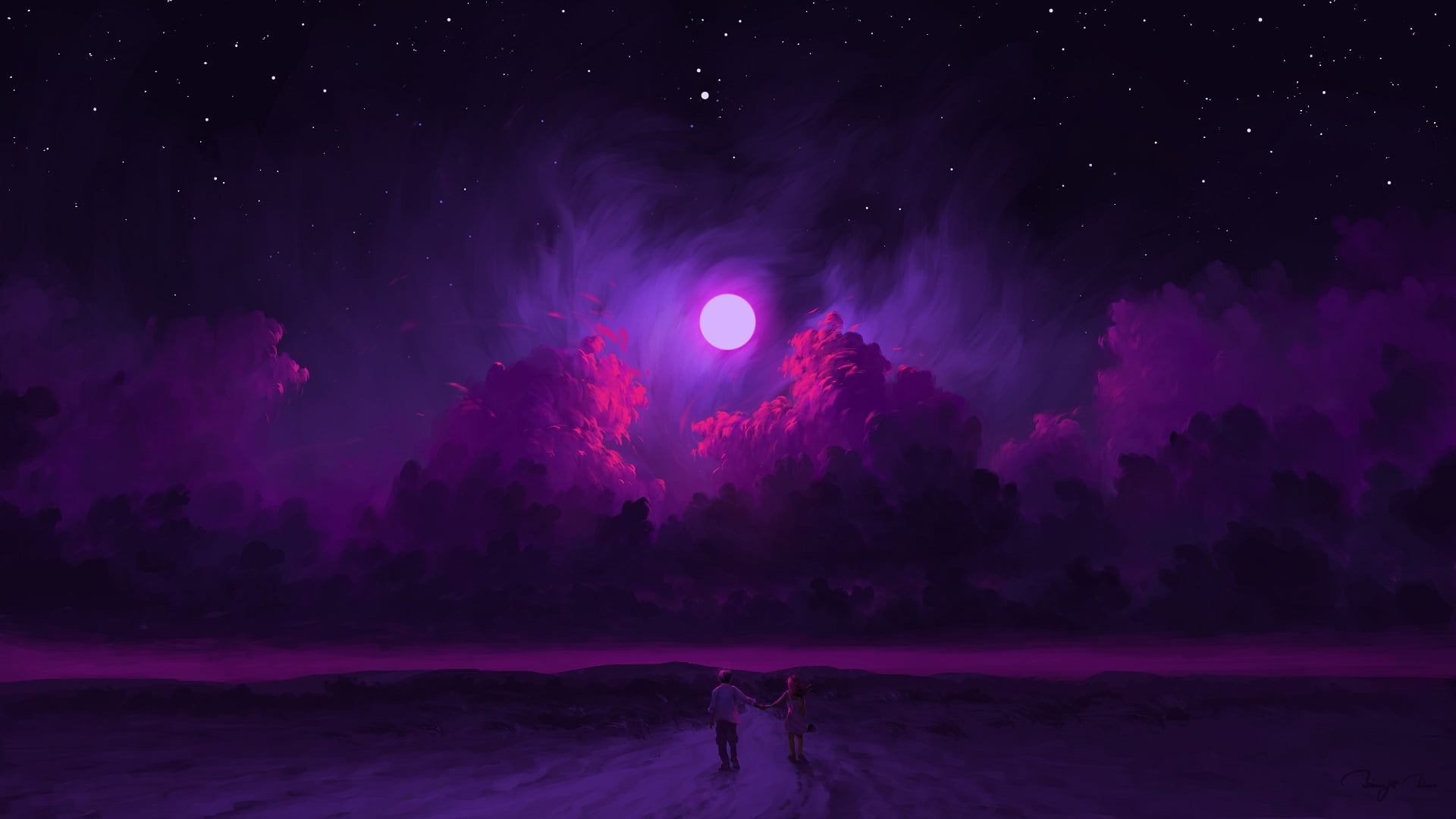 clouds, sky, Moon, digital painting, BisBiswas, night, couple, 1080P, artwork, HD Wallpaper
