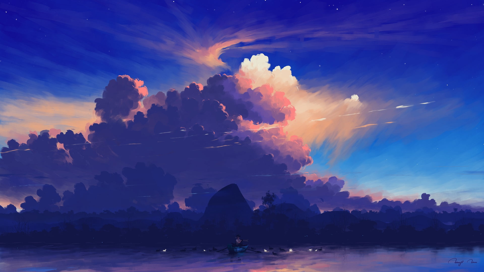 digital painting, boat, BisBiswas, clouds, sky, lake, birds, 1080P, landscape, HD Wallpaper