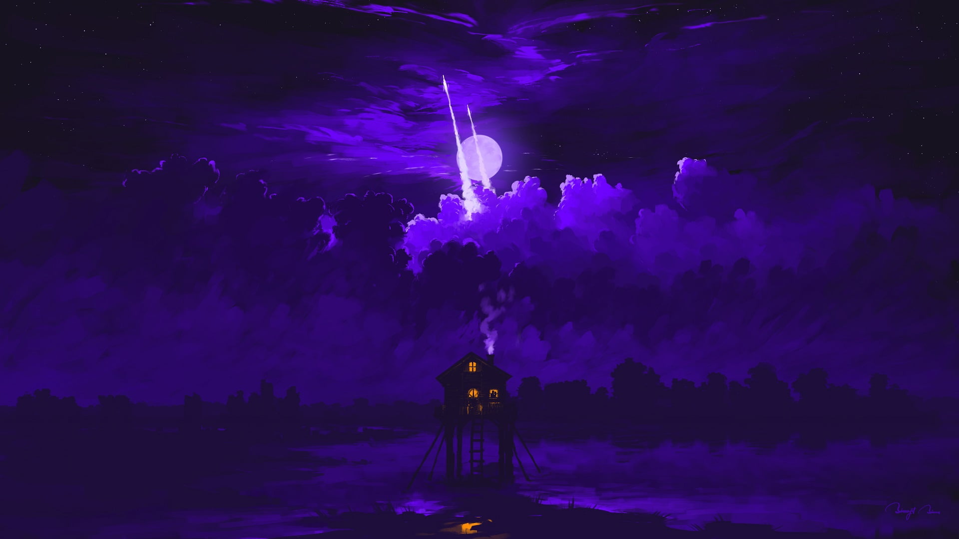 BisBiswas, rocket, couple, night, love, digital art, 1080P, Moon, cottage, sky, clouds, HD Wallpaper