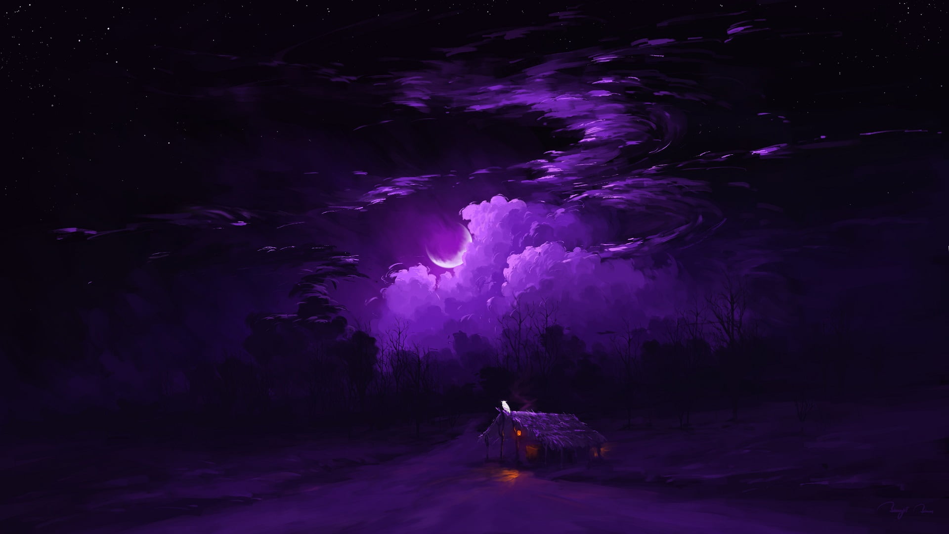 night, digital painting, BisBiswas, sky, Moon, landscape, 1080P, HD Wallpaper