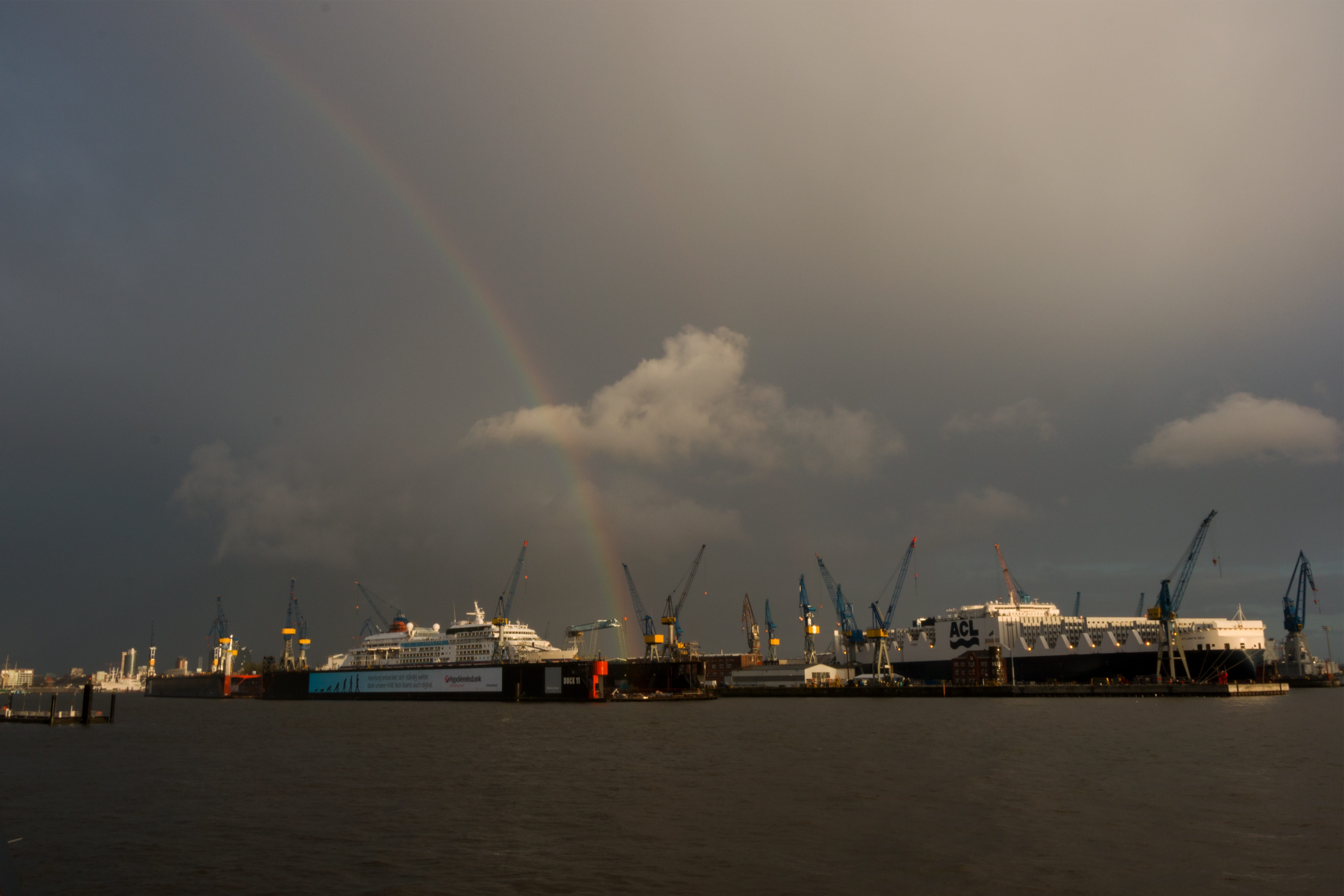 no people, sea, industry, container platform, machinery, container handling, nature, construction equipment, ship, cloud - sky, outdoors, maritime, landmark, HD Wallpaper