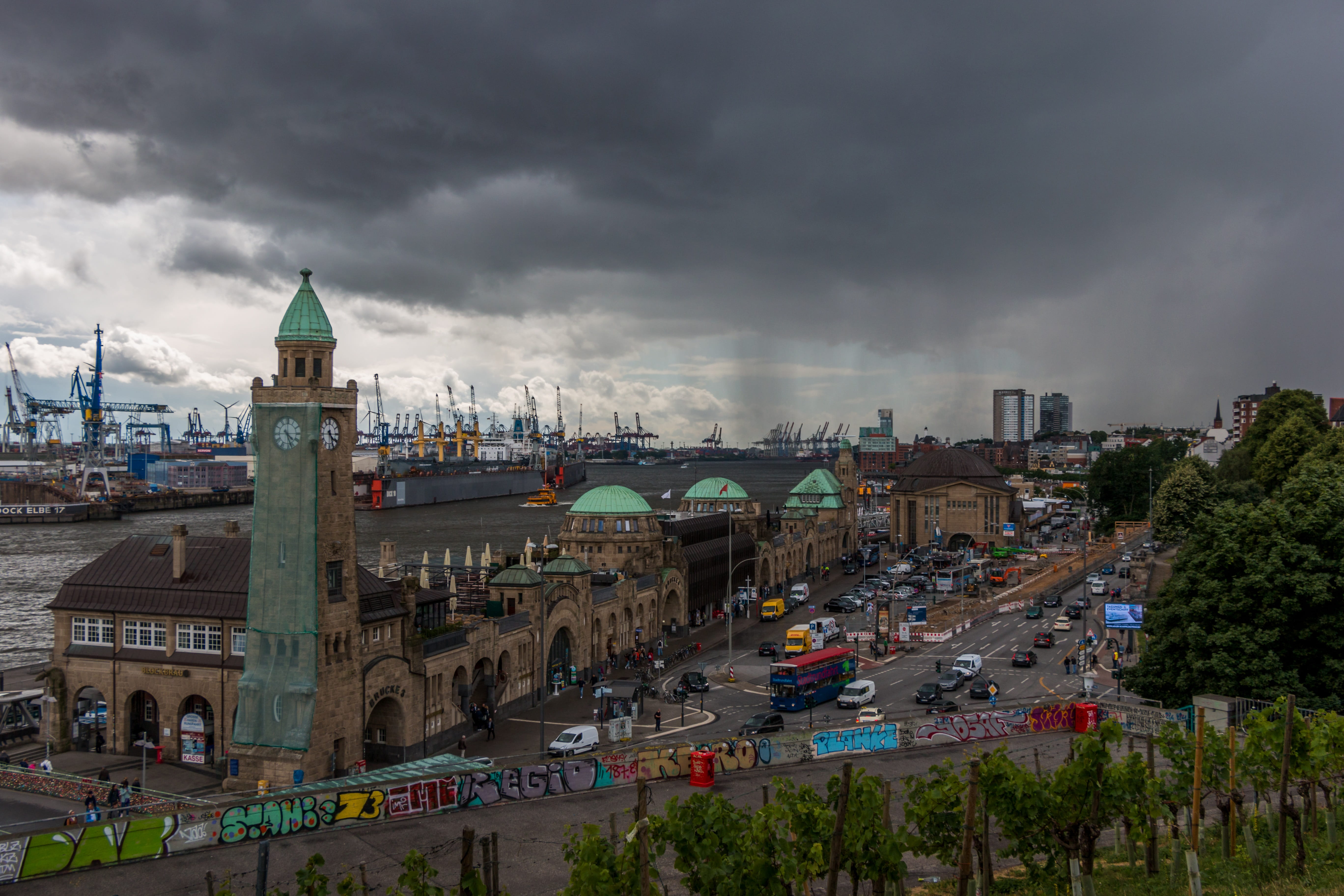 tower, city, place of worship, cloud - sky, shiver, container platform, storm cloud, maritime, rain, ship, water, outdoors, nature, crane, building, clouds, HD Wallpaper