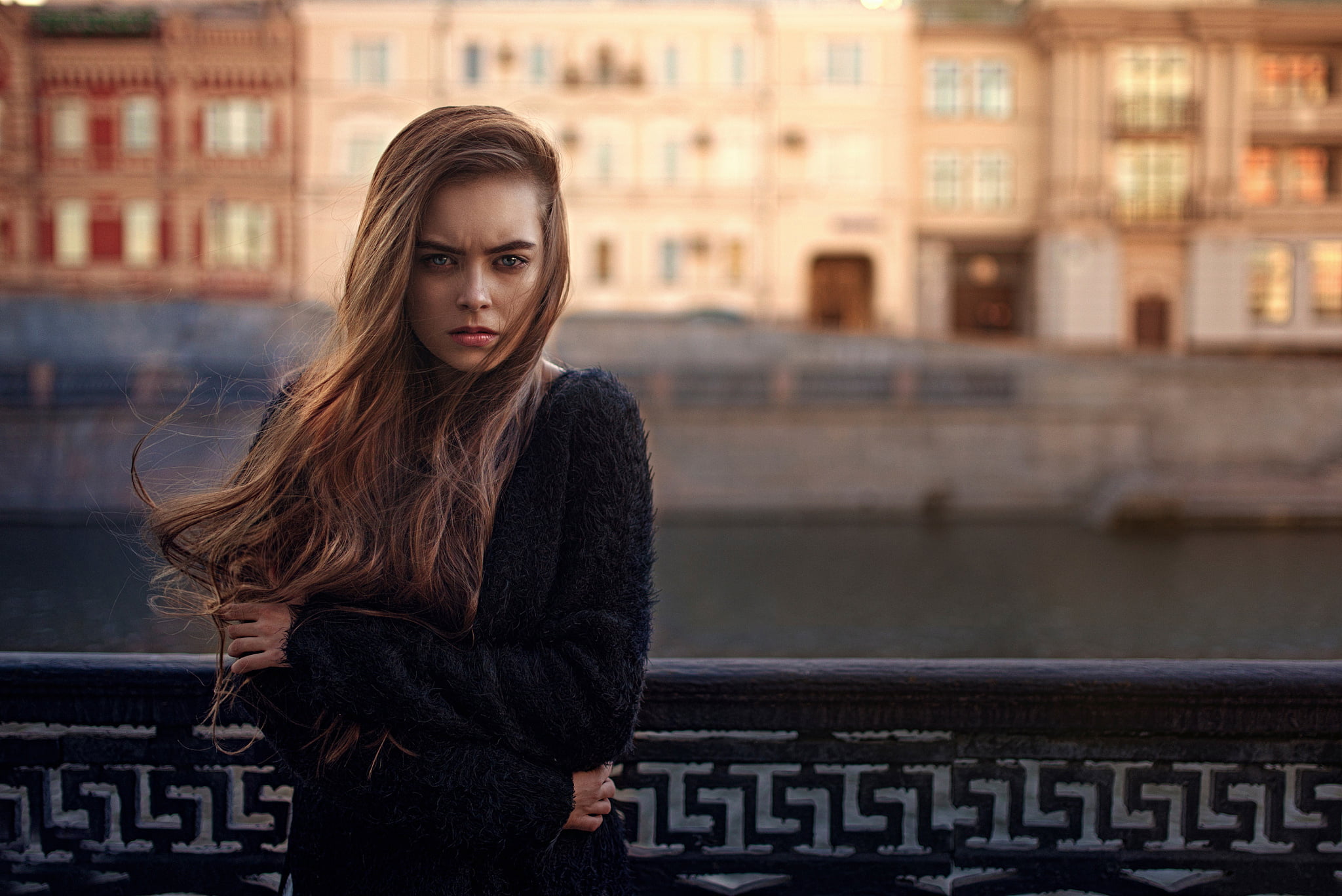 portrait, cold, s, long hair, city, shiver, the wind, dress, women, adult, one person, warm clothing, George Chernyadev, hair, architecture, black, building exterior, HD Wallpaper
