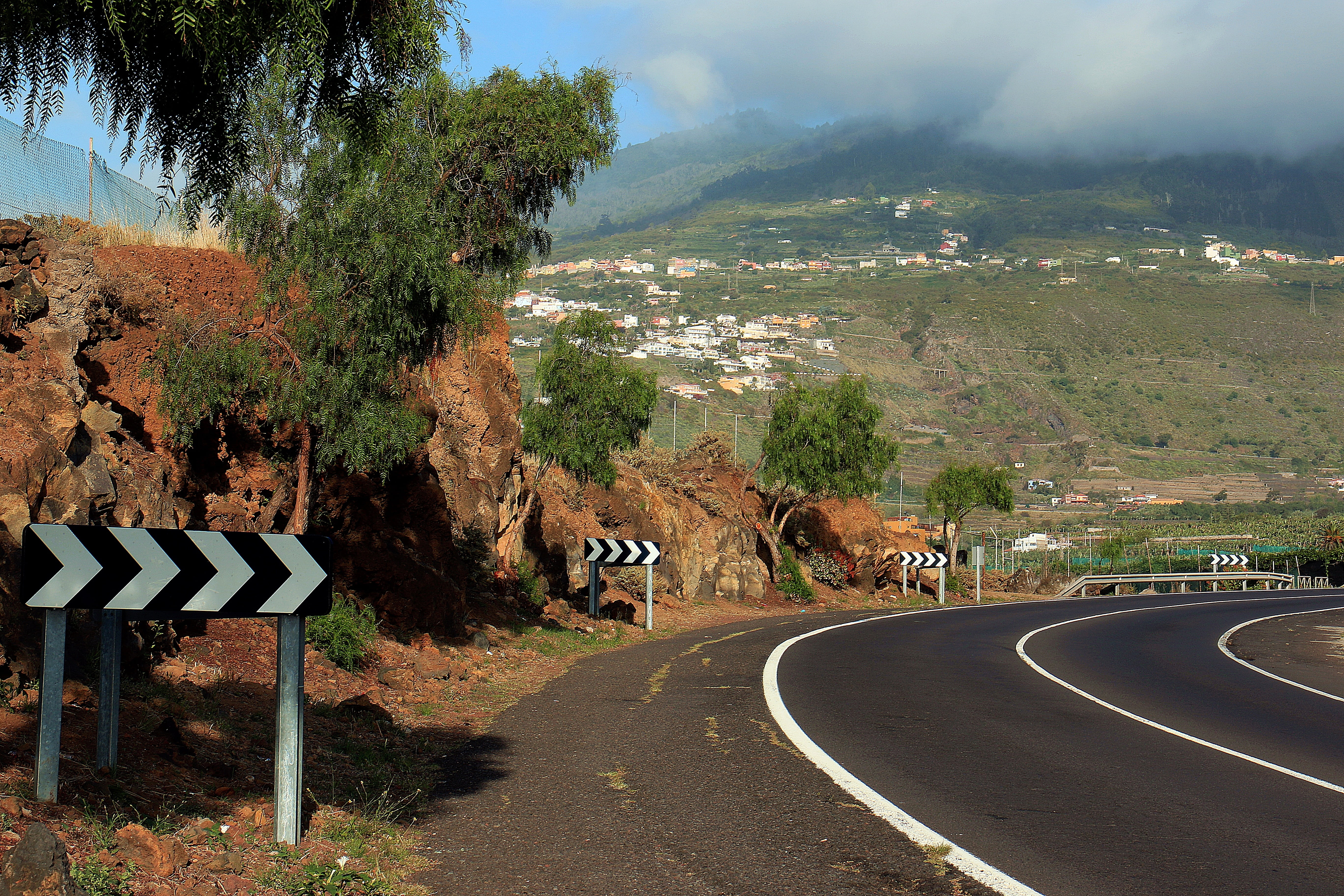 road, symbol, scenics - nature, beauty in nature, mountain, nature, the way forward, 5K, city, marking, streamer, characters, day, tenerife, bend, sky, HD Wallpaper