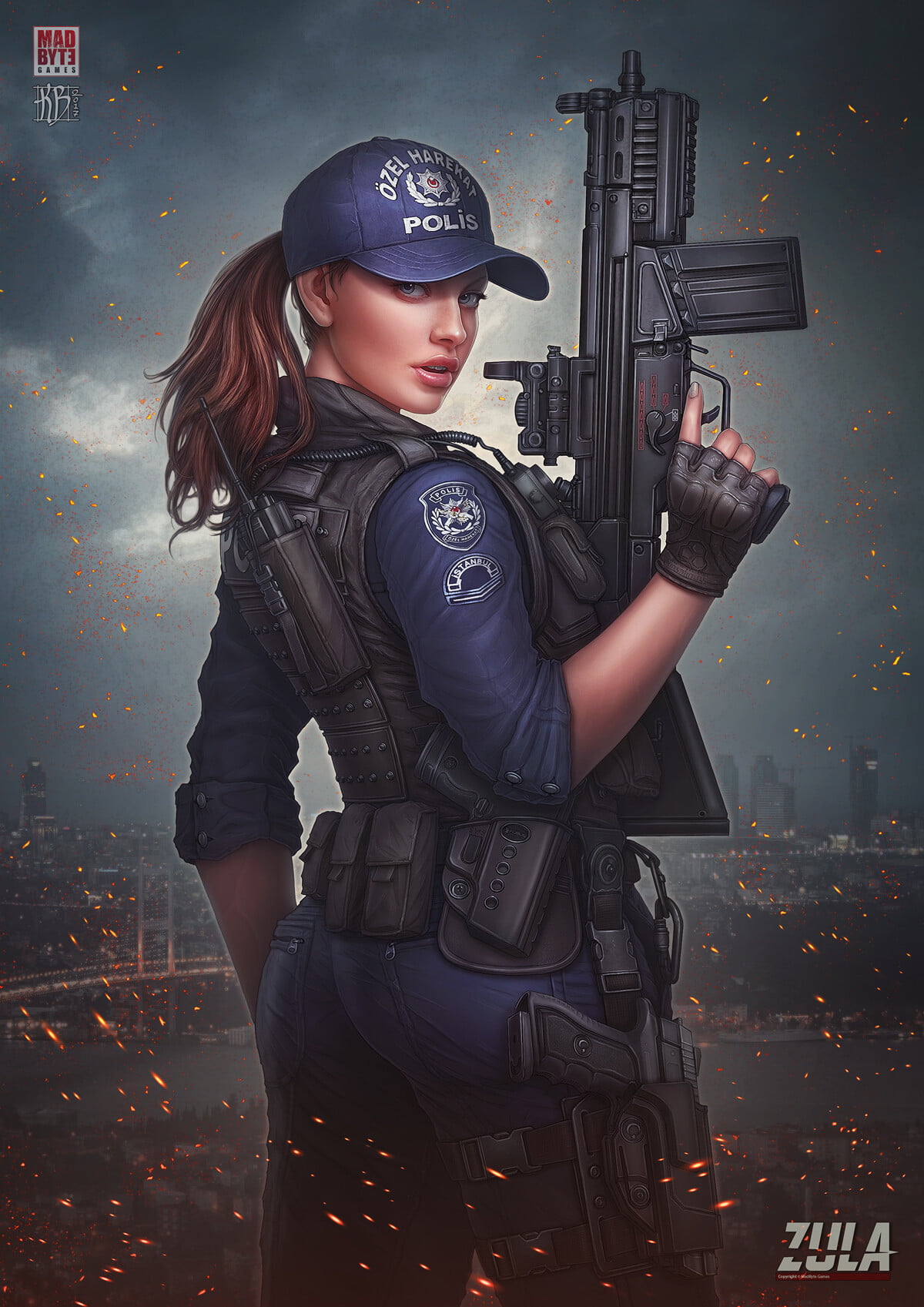 women, police women, hat, looking at viewer, Kerem Beyit, standing, uniform, machine gun, girls with guns, artwork, 720P, Phone HD Wallpaper