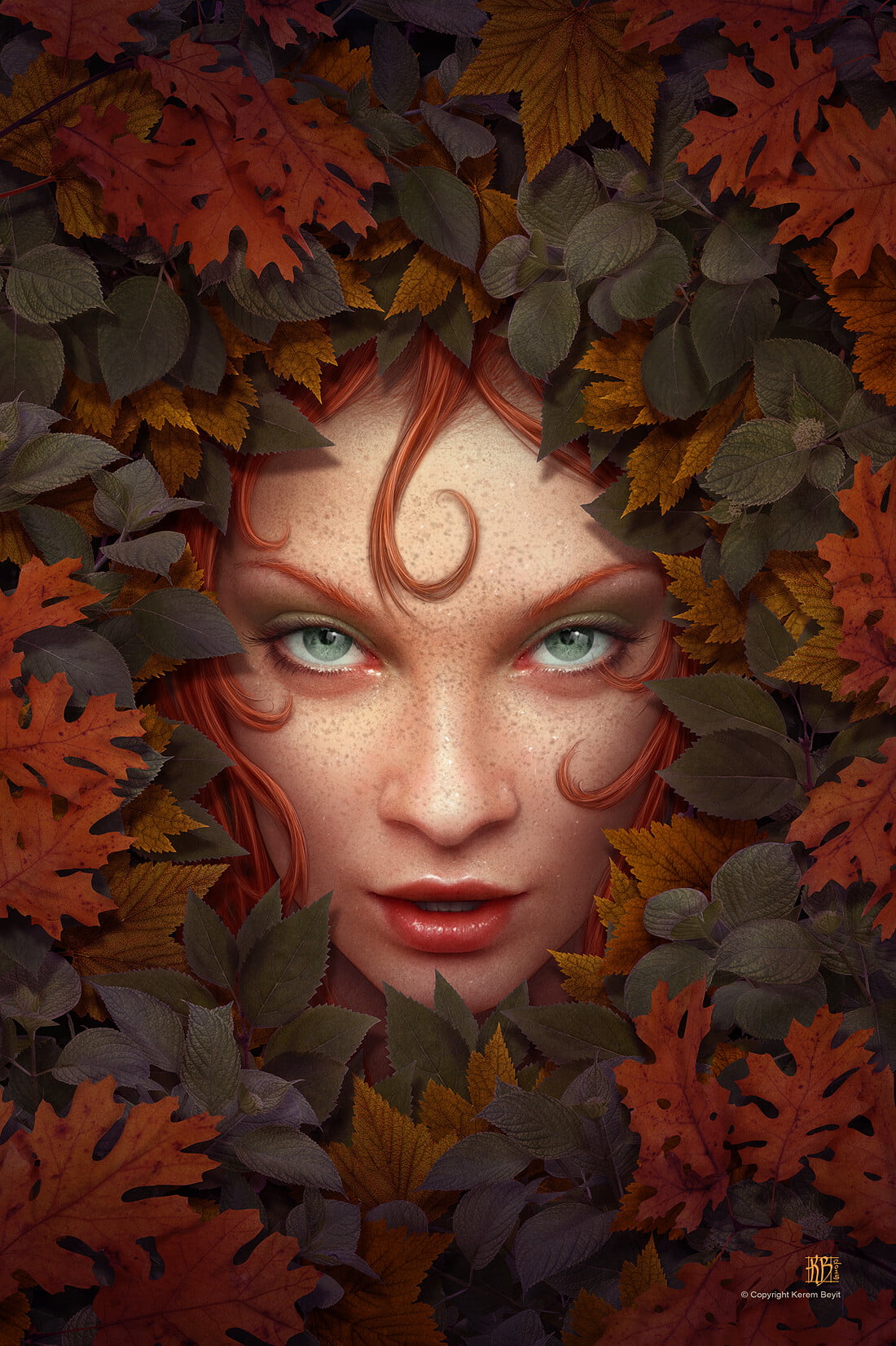 720P, illustration, leaves, redhead, Kerem Beyit, green eyes, fall, digital art, Phone HD Wallpaper
