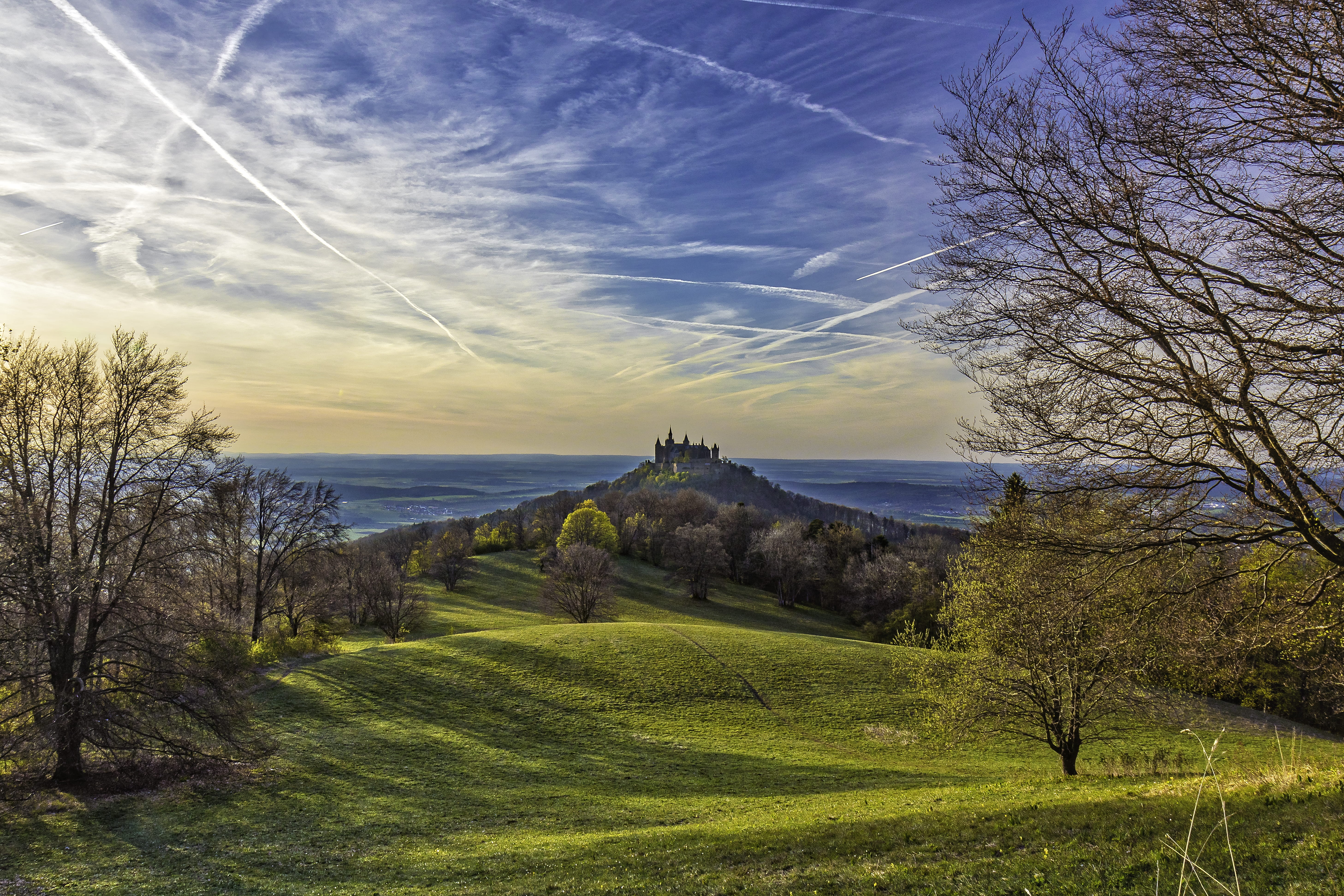 tranquil scene, grass, swabian alp, horizon over water, hohenzollern, land, nature, scenics - nature, albstadt, architecture, 5K, plant, sky, day, water, HD Wallpaper