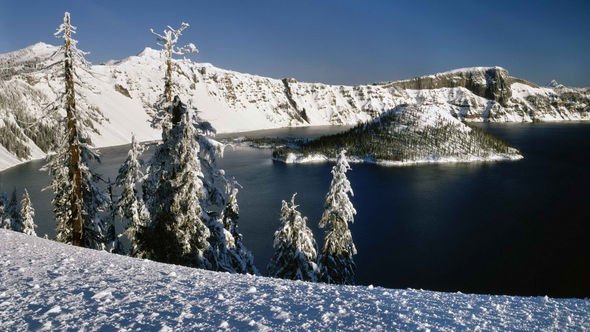 islands, lake, national, park, nature, world, crater, oregon, art, wizard, x, 1080P, lakes, hd, Winter, HD Wallpaper
