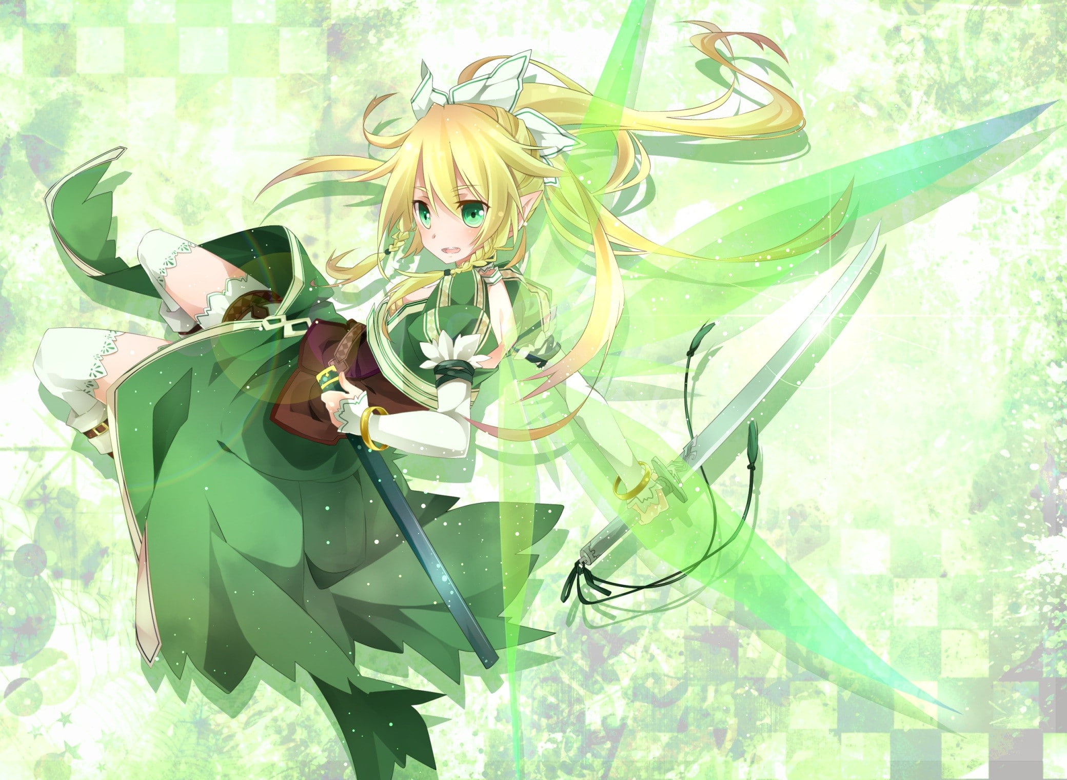 weapons, ornaments, eyes, wings, blondes, suguha, sword, alfheim, 1080P, green, long, swords, online, hair, kirigaya, ponytails, art, HD Wallpaper