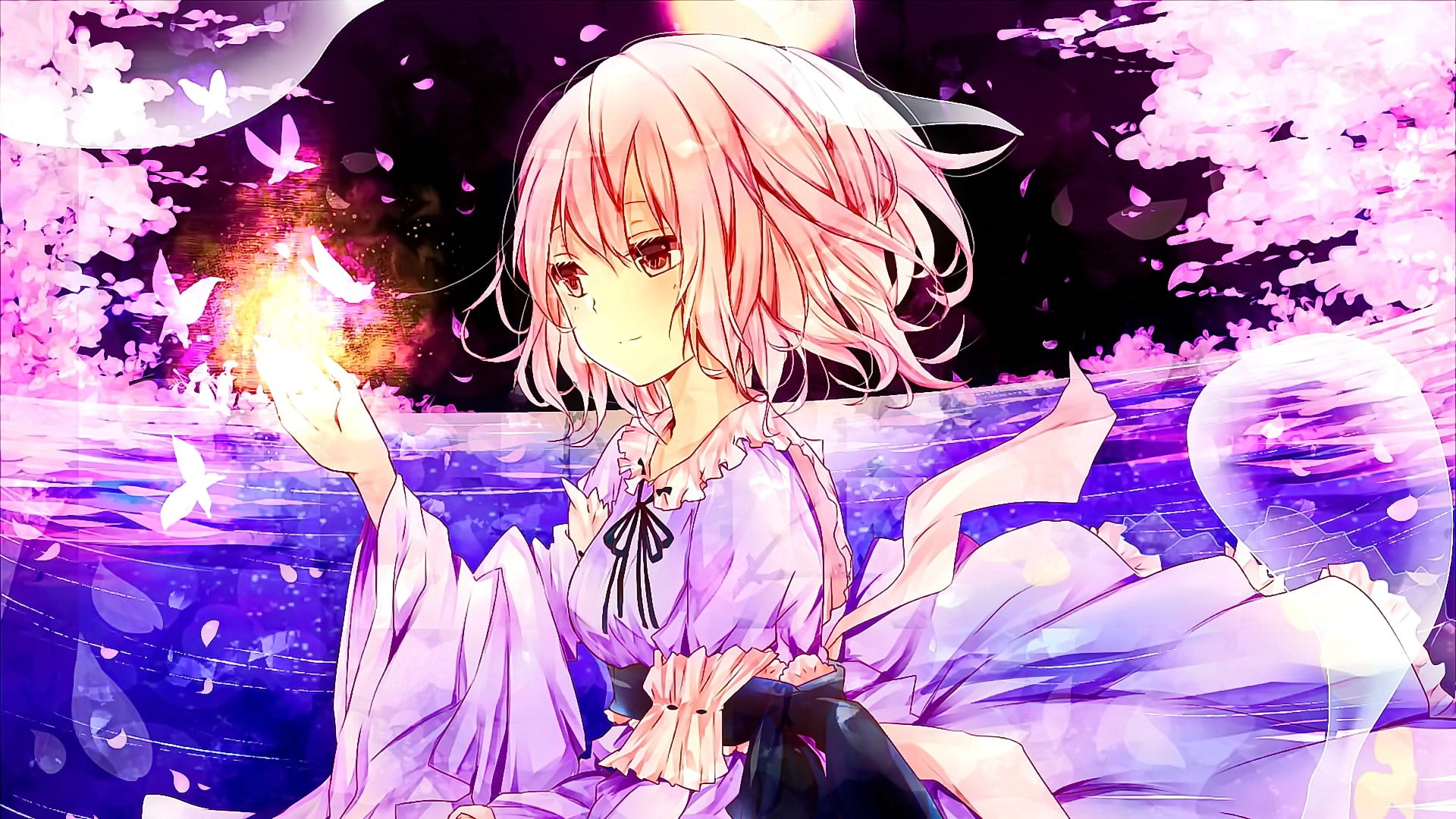 Saigyouji Yuyuko, anime girls, pink hair, red eyes, short hair, smiling, anime, night, Touhou, butterfly, Moon, 1080P, HD Wallpaper