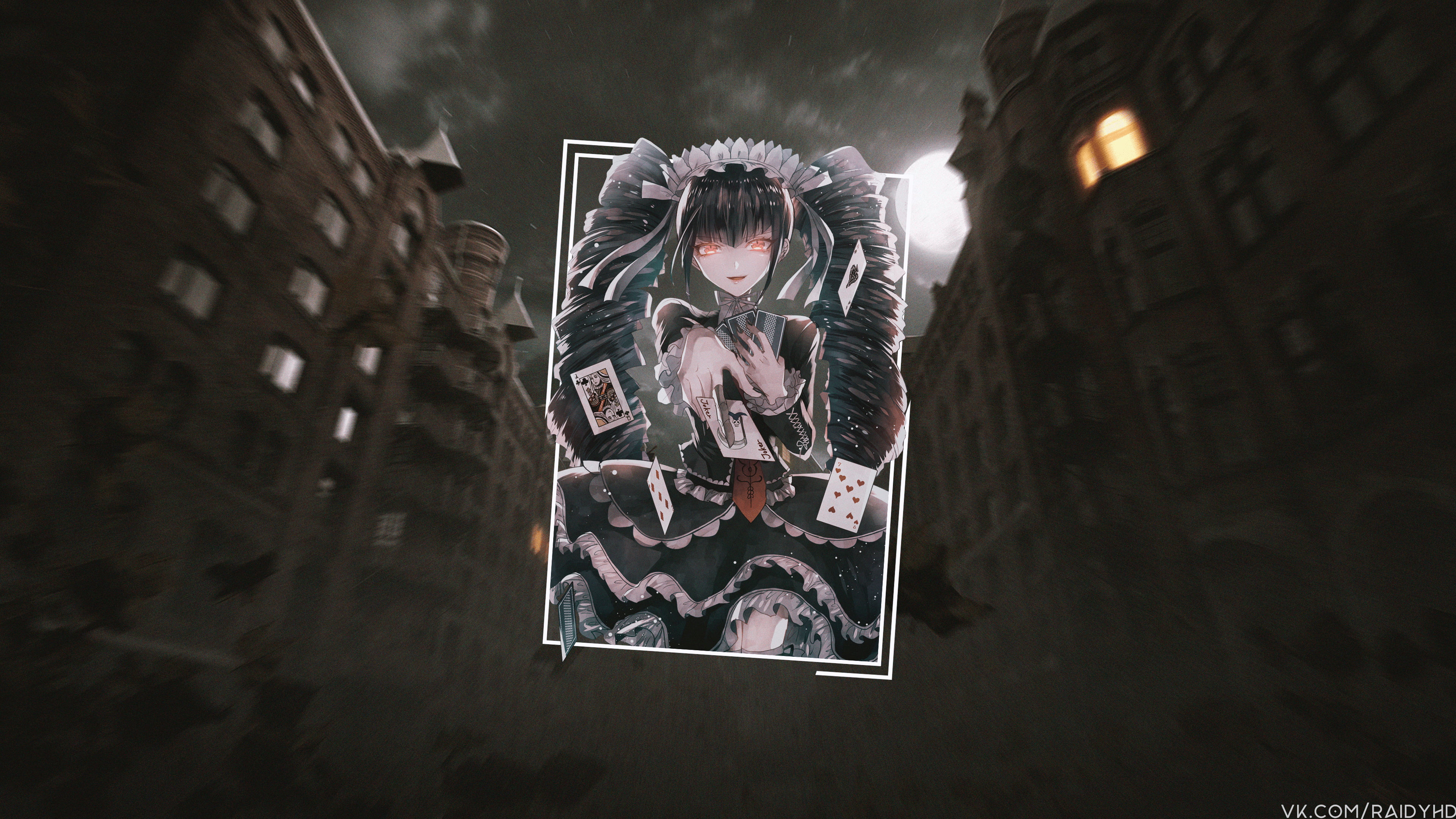 4K, red eyes, picture-in-picture, anime, street, Danganronpa, night, Moon, anime girls, city, HD Wallpaper