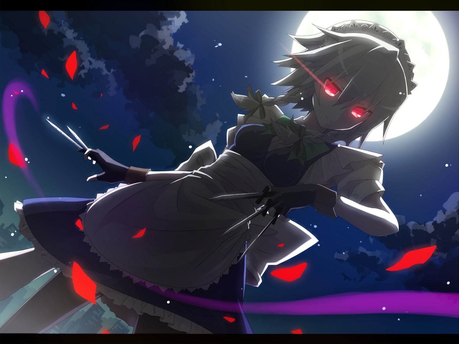 moon, demon, anime, night, 720P, red, petals, eyes, girl, HD Wallpaper