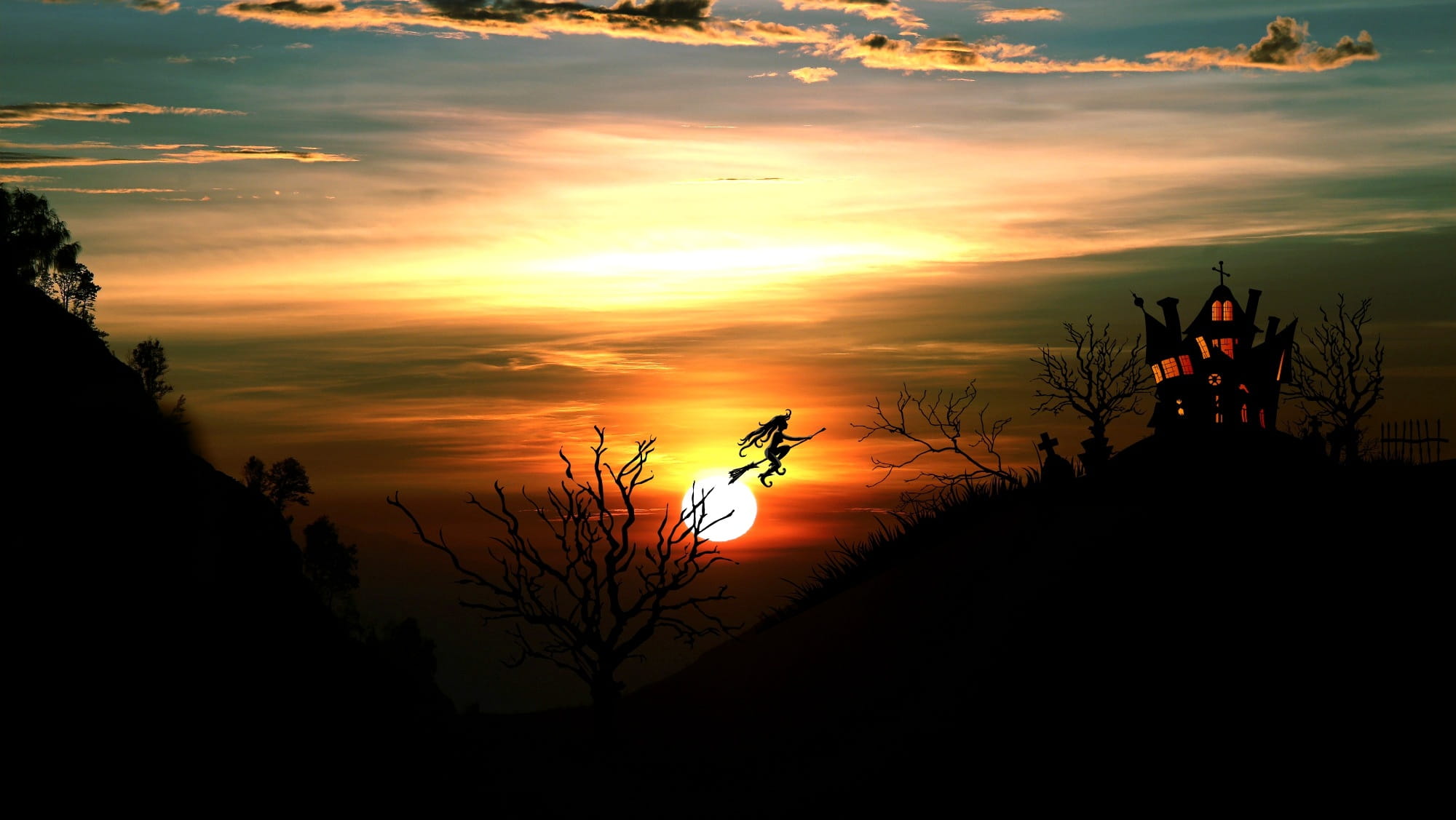 cloud - sky, tranquil scene, sunset, scenics - nature, castle, painting, growth, no people, plant, outdoors, 1080P, dramatic sky, beauty in nature, orange color, HD Wallpaper