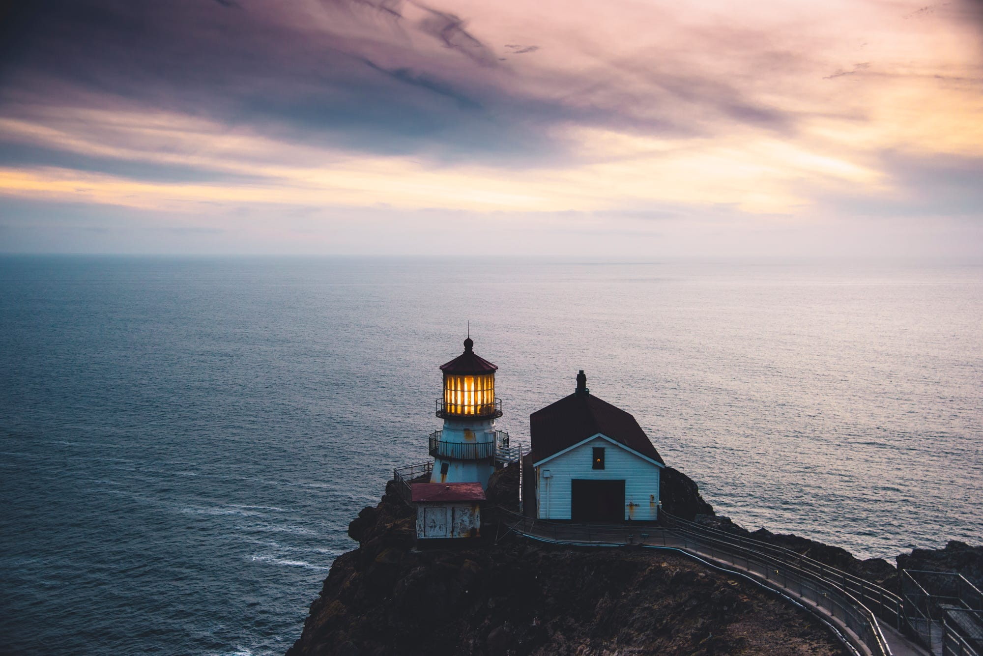 landscape, light house, sky, Point Reyes, sunset, sea, California, nature, horizon, 1080P, clouds, HD Wallpaper