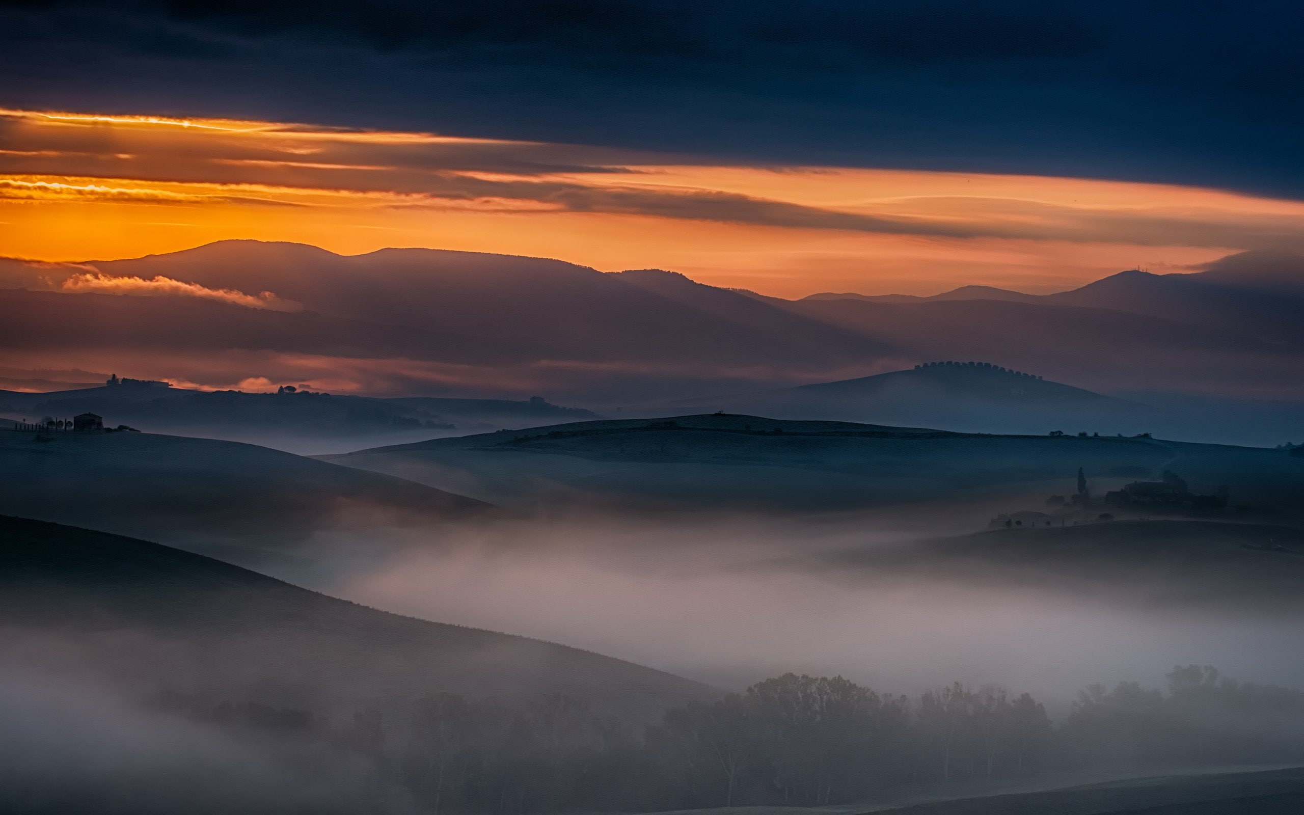 mountains, 2K, san, nature, quirico, tuscany, italy, landscape, sunset, sunrise, hills, HD Wallpaper