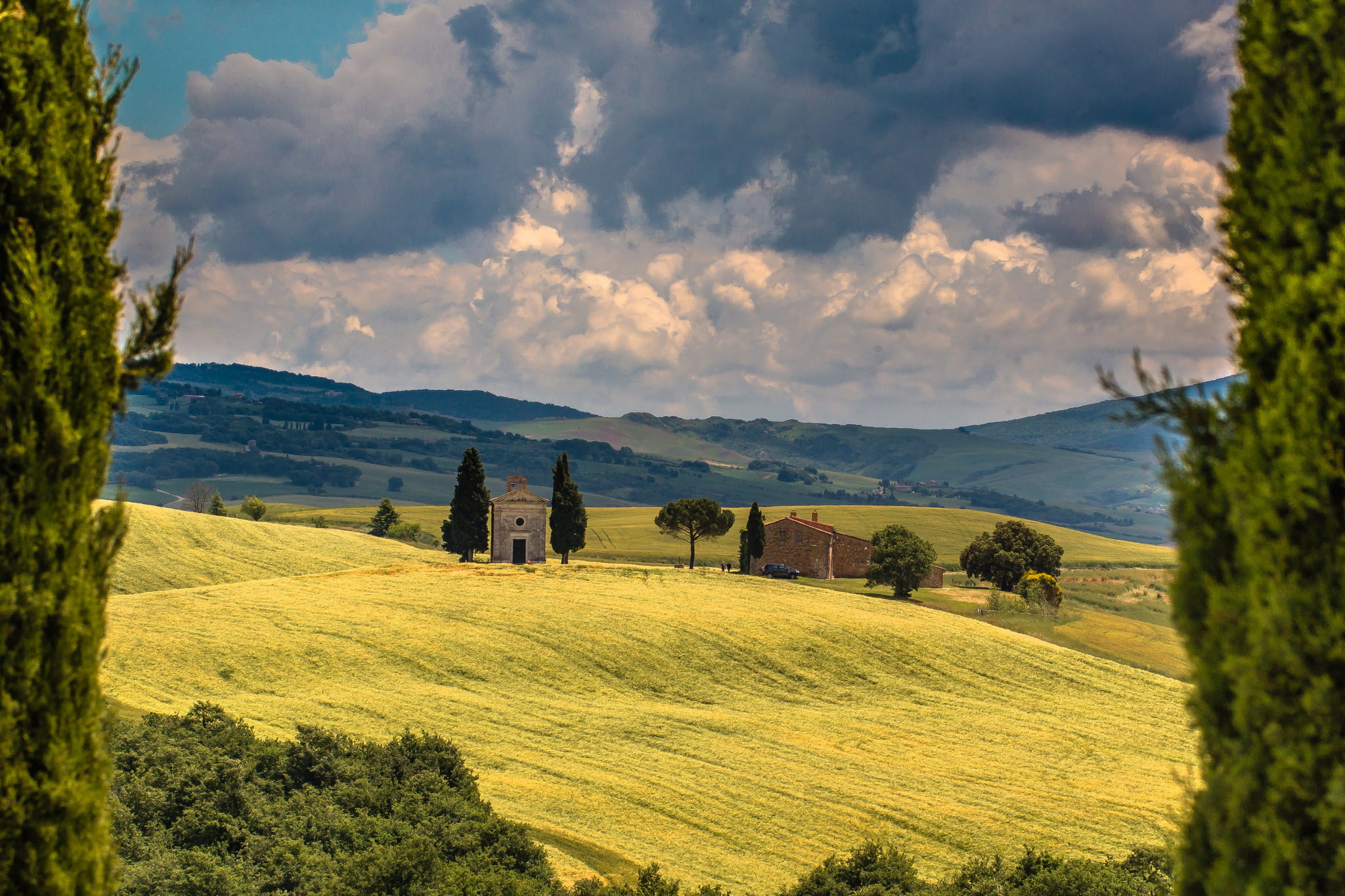 trees, Italy, field, chapel, clouds, San Quirico dorcia, cypress, Tuscany, 1080P, HD Wallpaper
