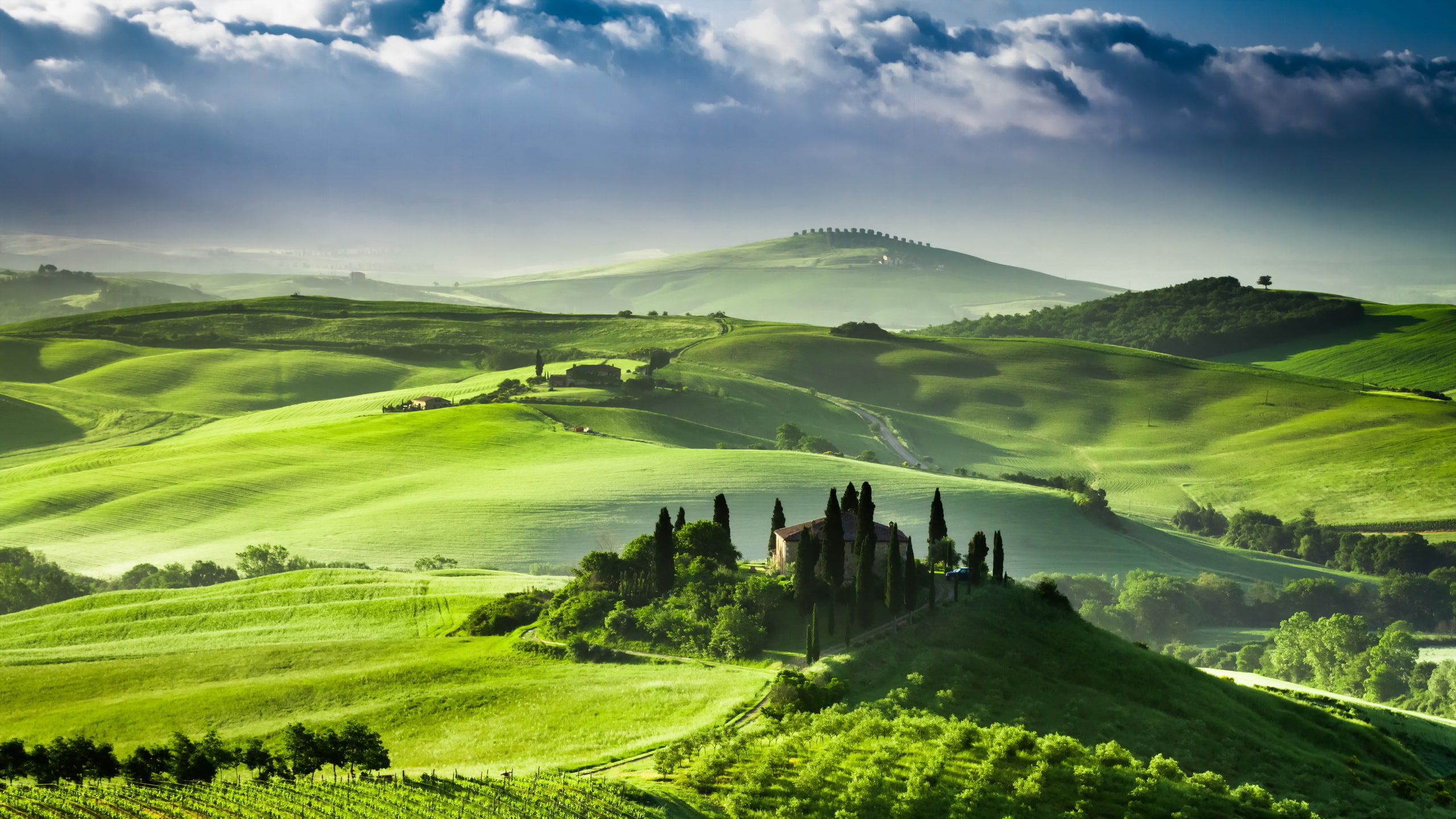 Tuscany, Sunrise in San Quirico dorcia, 2K, Italy, HD Wallpaper