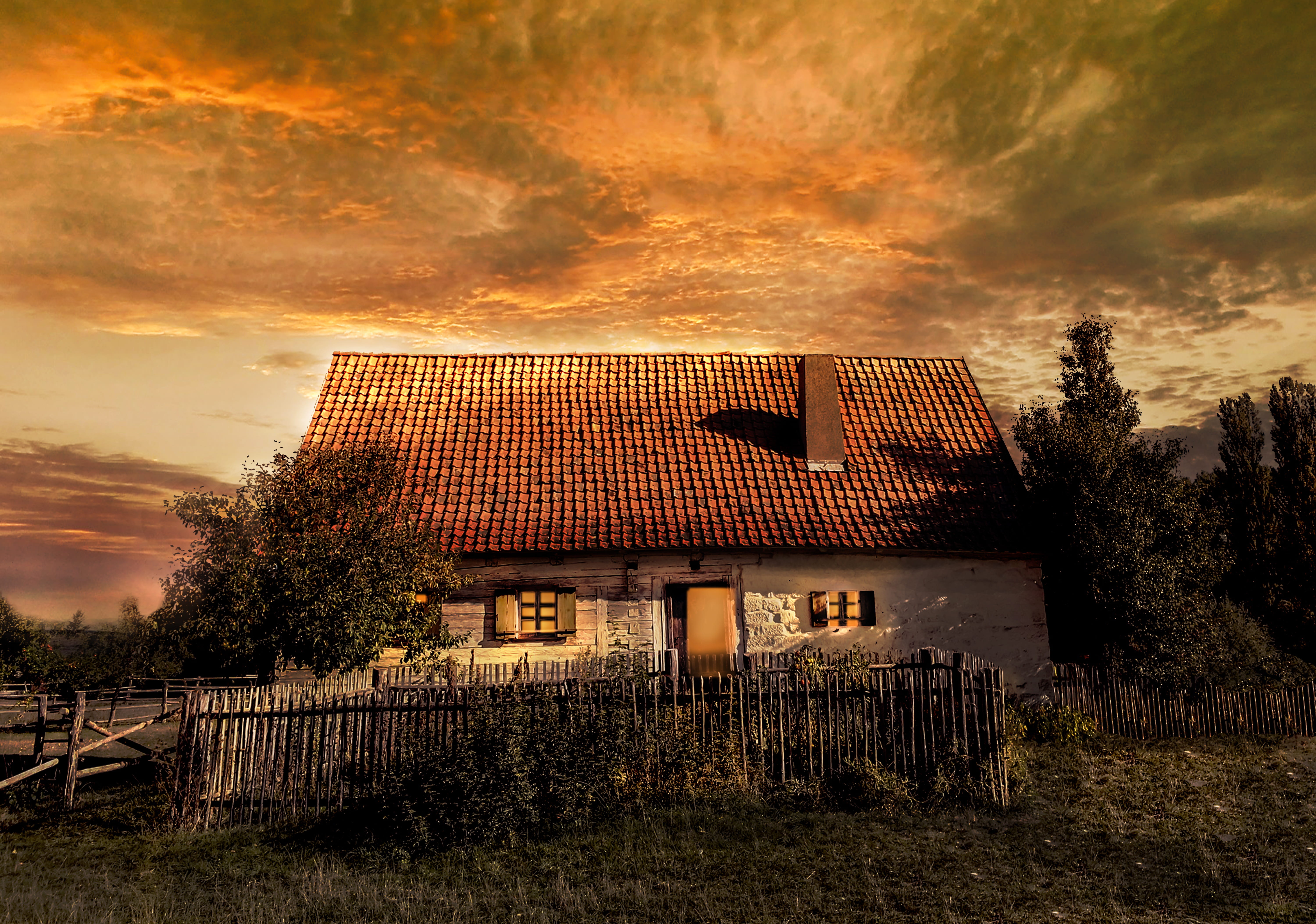 abendstimmung, outdoors, sky, clouds, old farmhouse, barn, rural, composing, beauty in nature, photo montage, dramatic sky, roofing, no people, 5K, tree, HD Wallpaper