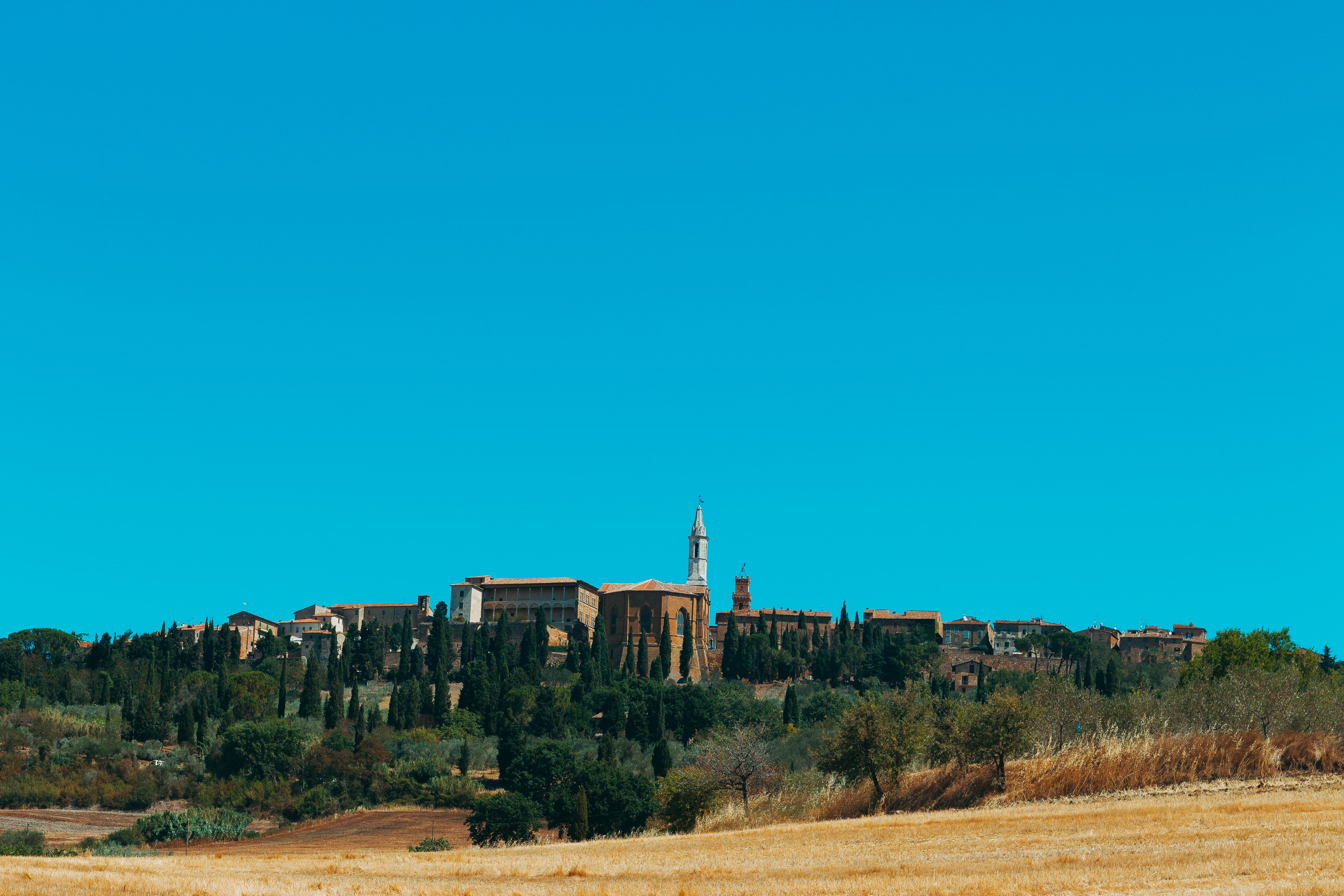 summer, land, clear sky, environment, tree, outdoors, architecture, italy, scenics - nature, landscape, history, building exterior, sky, no people, pienza, HD Wallpaper