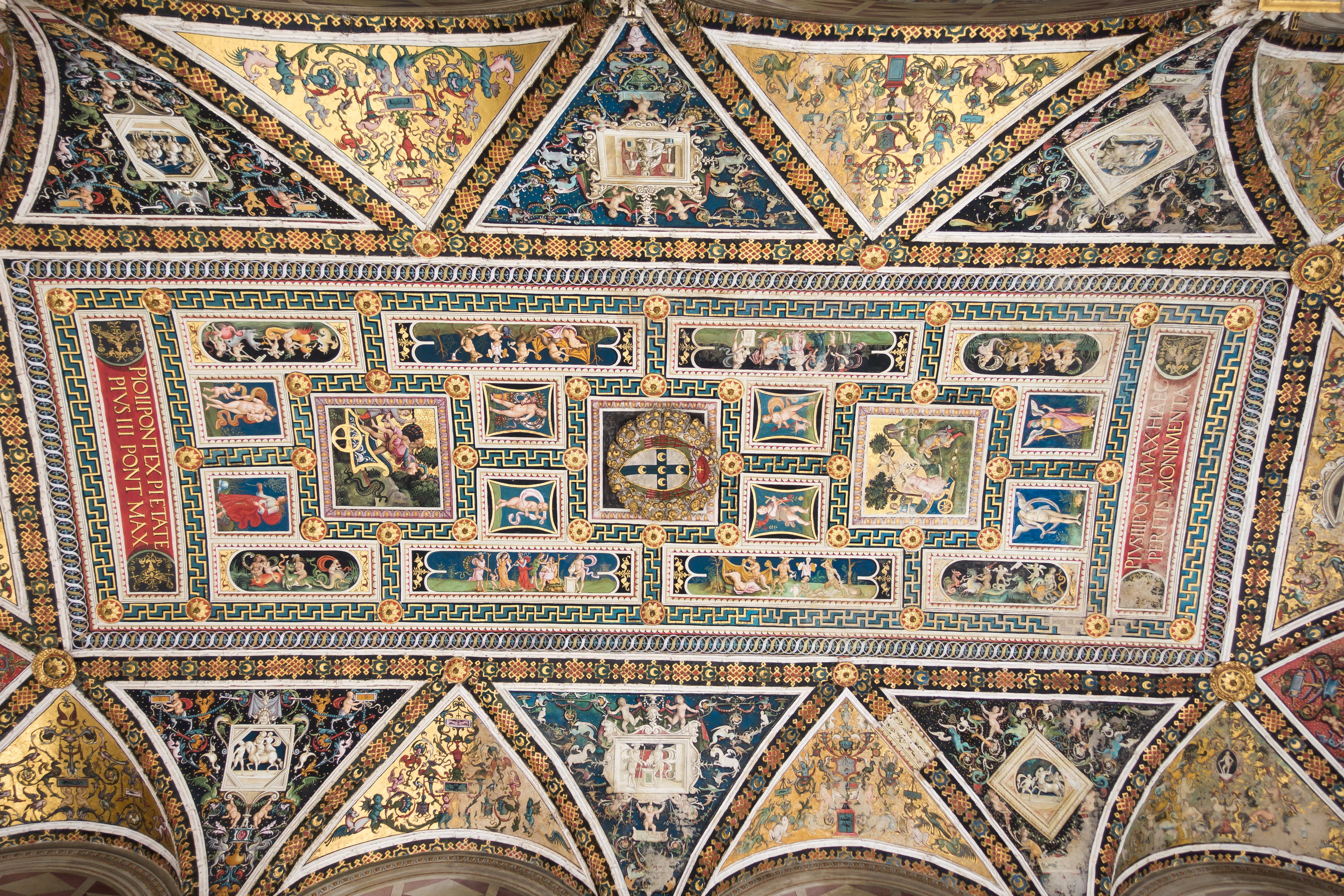 built structure, library, design, floral pattern, art and craft, pattern, backgrounds, ceiling painting, ornament, ornate, indoors, multi colored, siena, HD Wallpaper