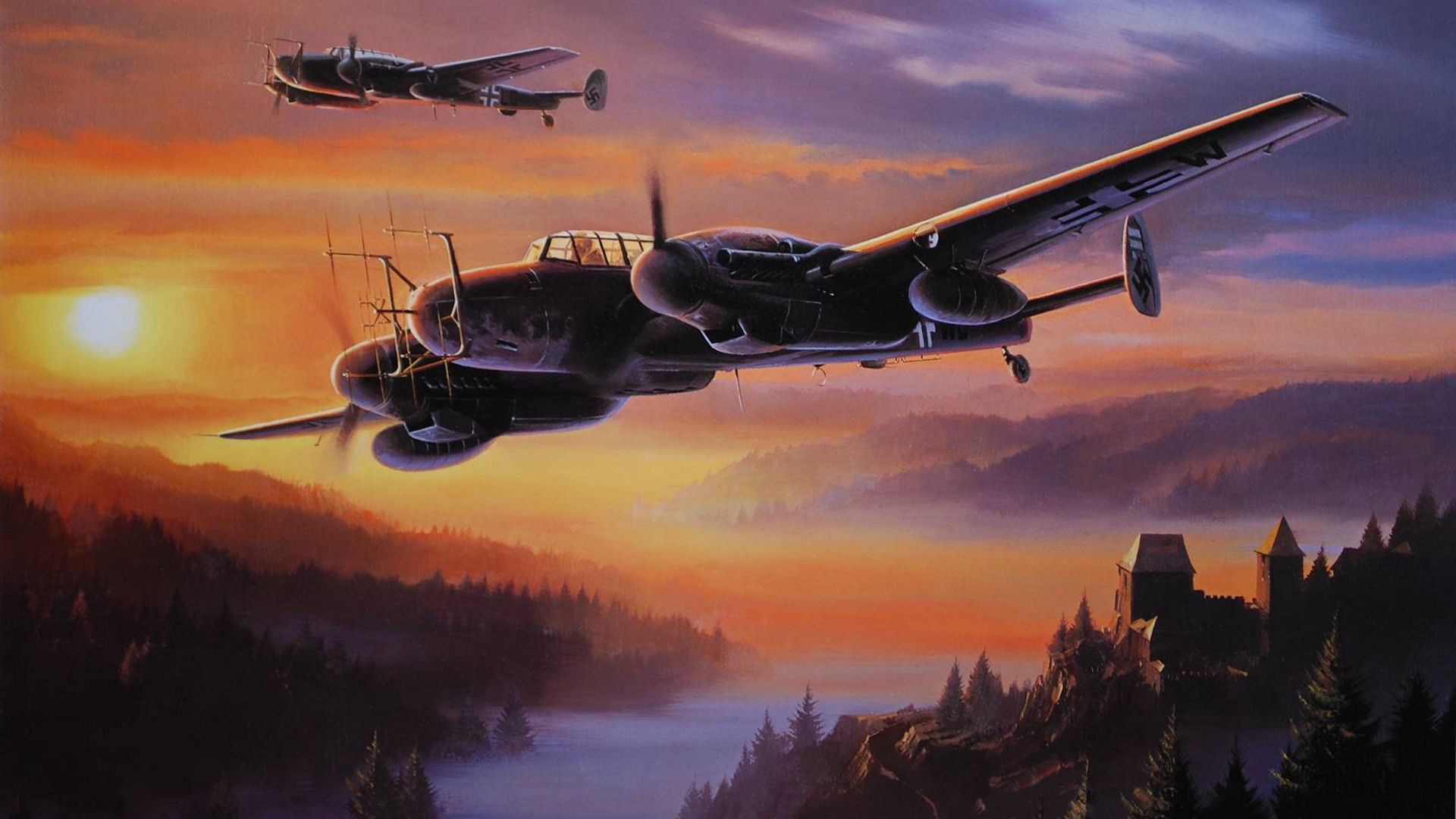 mid-air, G-4, air vehicle, FuG 202/220, plane, Bf 110, propeller, Night fighter, on the move, Radar, airplane, aerospace industry, nature, fog, mode of transportation, HD Wallpaper