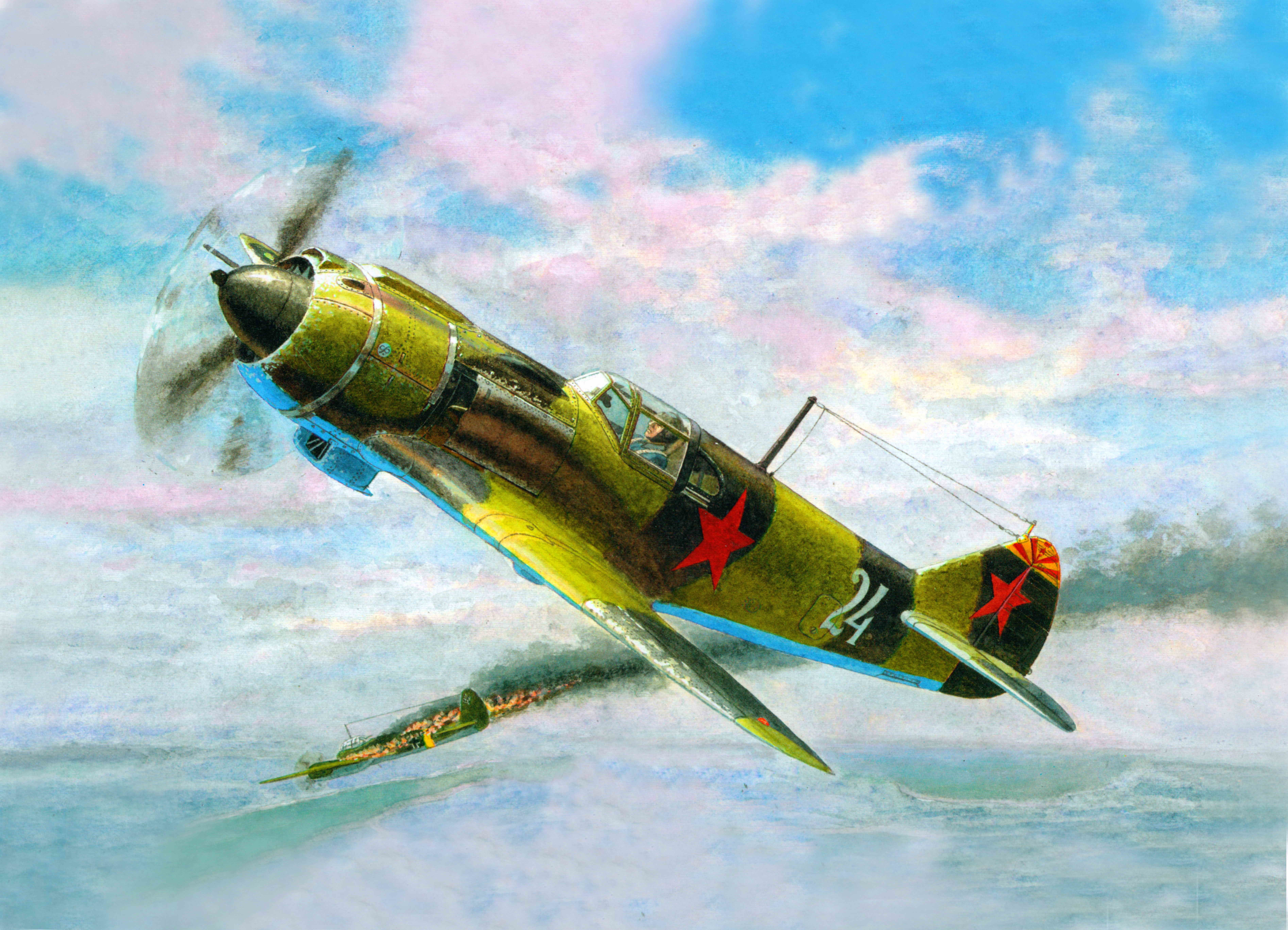 smoke - physical structure, air, flying, sky, airplane, figure, La-5, joy, sport, Ju-88, The great Patriotic war, the sky, bomber, German, fighter, HD Wallpaper